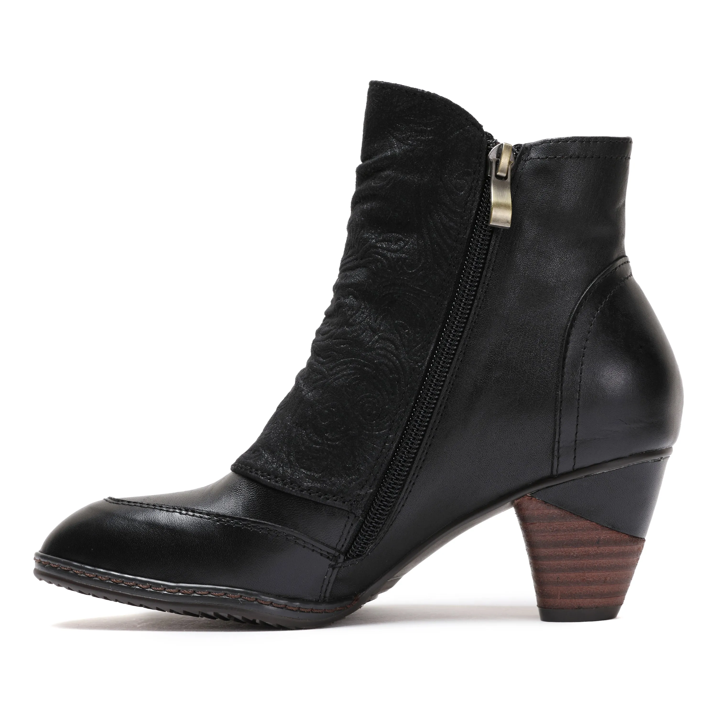 CrazycatZ Womens Leather Ankle Boots Colorful Leather Buttoned Vintage Bootie Black