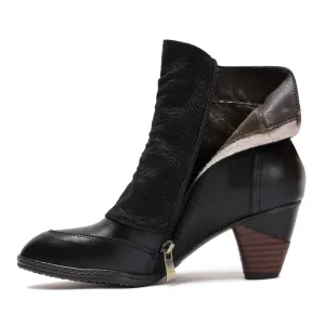 CrazycatZ Womens Leather Ankle Boots Colorful Leather Buttoned Vintage Bootie Black