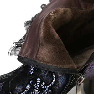 CrazycatZ Womens  Leather Boots  Block Heel Leather  Colorful Lace Trim Ankle Boots