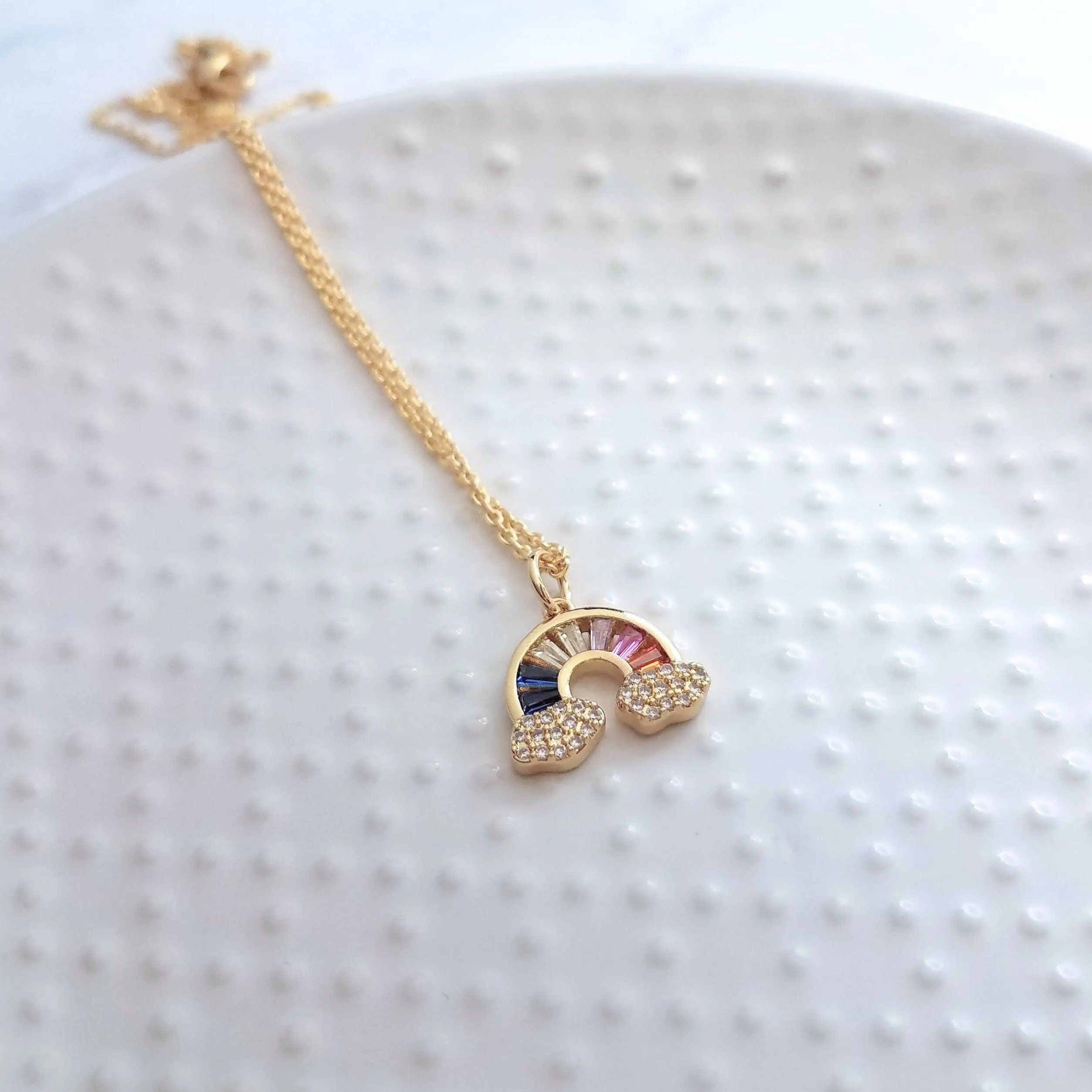 Crystal Rainbow Pendant Necklace - rainbow necklace, rainbow charm, happy jewelry, after the storm, rainbow cloud necklace, gold rainbow