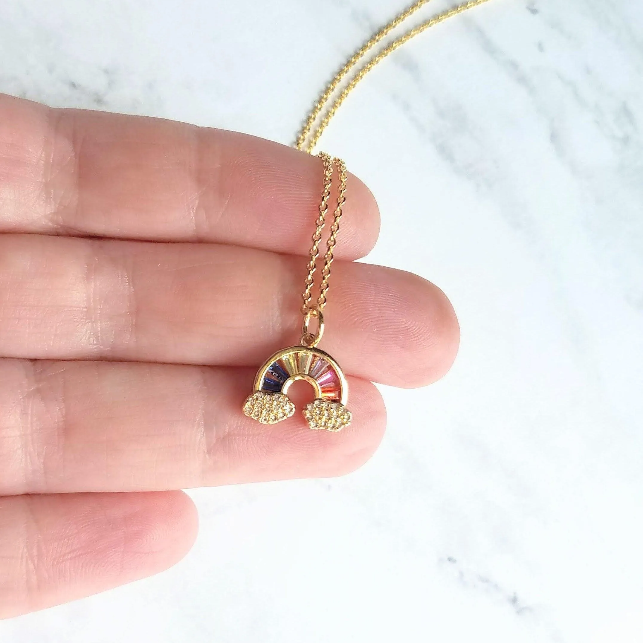 Crystal Rainbow Pendant Necklace - rainbow necklace, rainbow charm, happy jewelry, after the storm, rainbow cloud necklace, gold rainbow