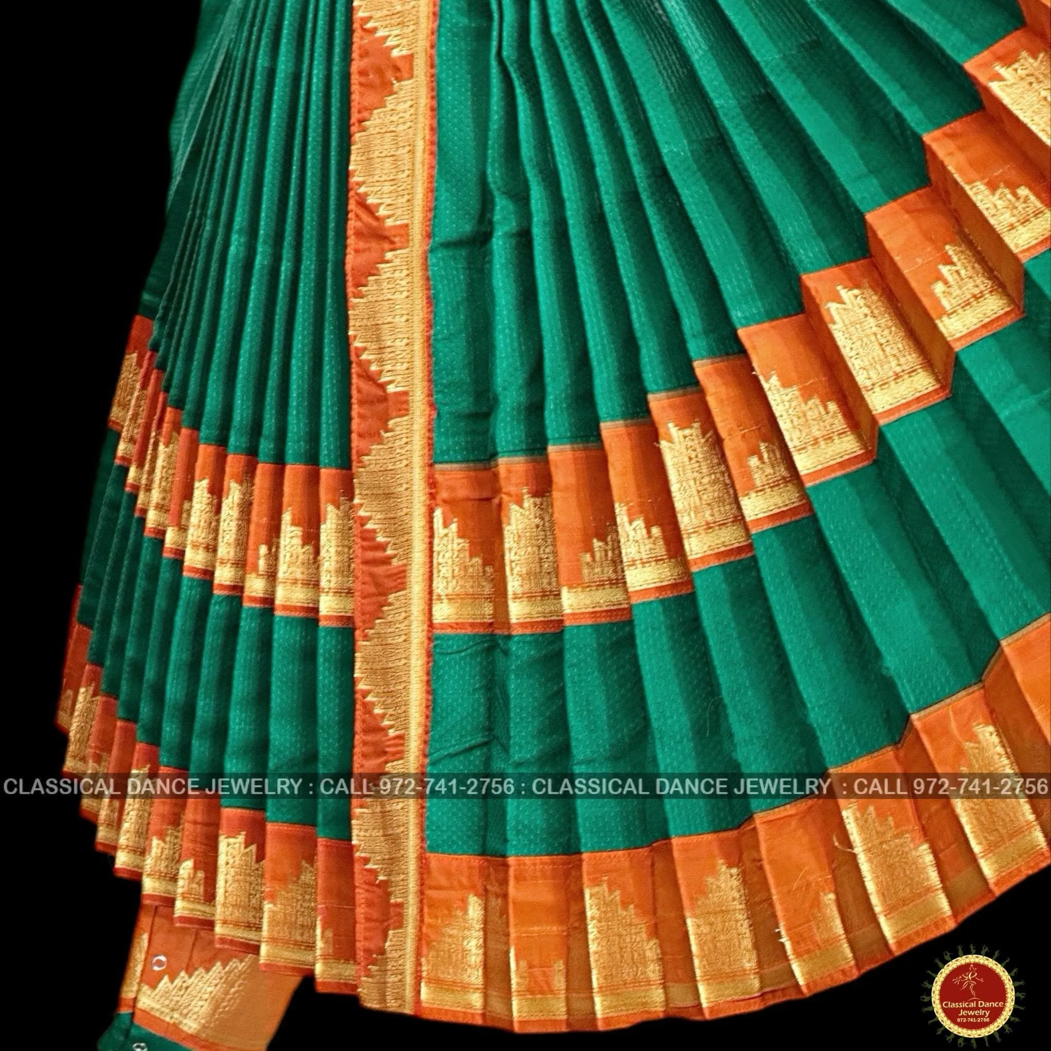 DARK GREEN ORANGE 38 Inch Pant length Kuchipudi Gold Zari Indian Dance Costume | Art Silk Dharmavaram Kanchi | Classical Dance Jewelry