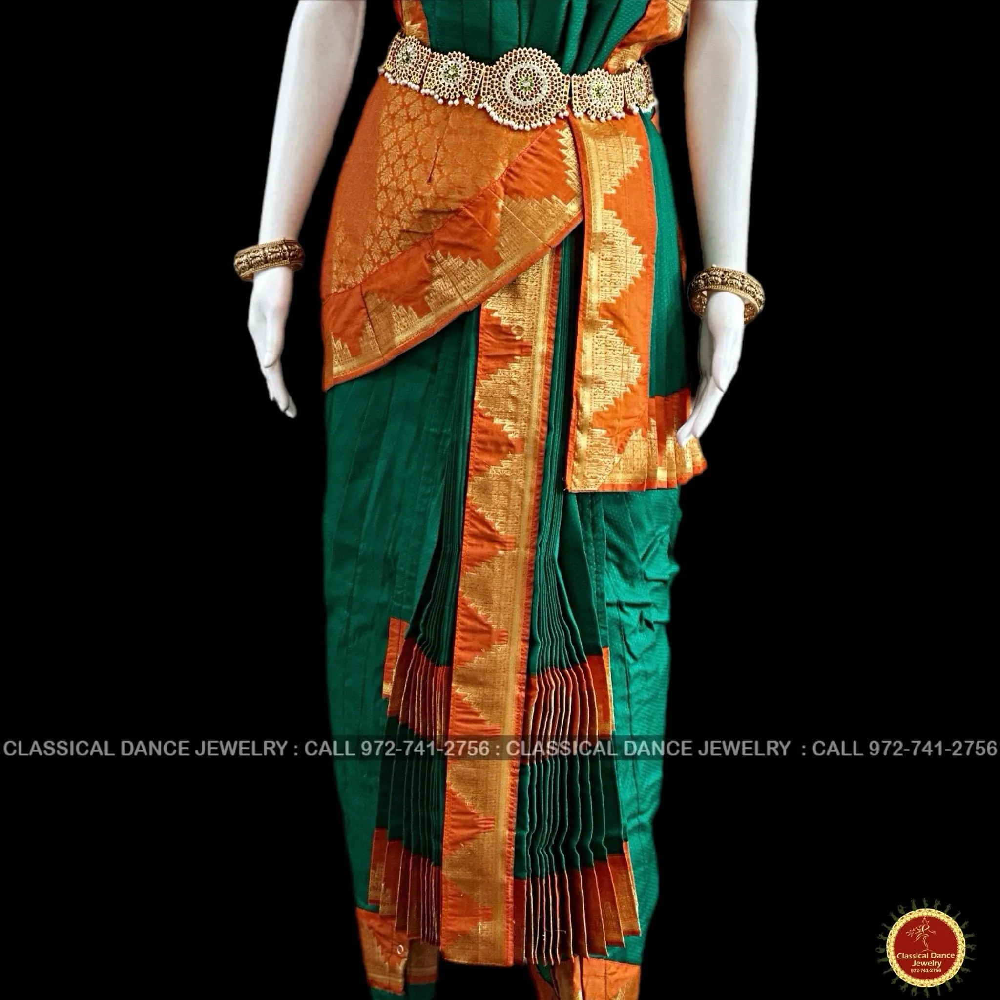 DARK GREEN ORANGE 38 Inch Pant length Kuchipudi Gold Zari Indian Dance Costume | Art Silk Dharmavaram Kanchi | Classical Dance Jewelry