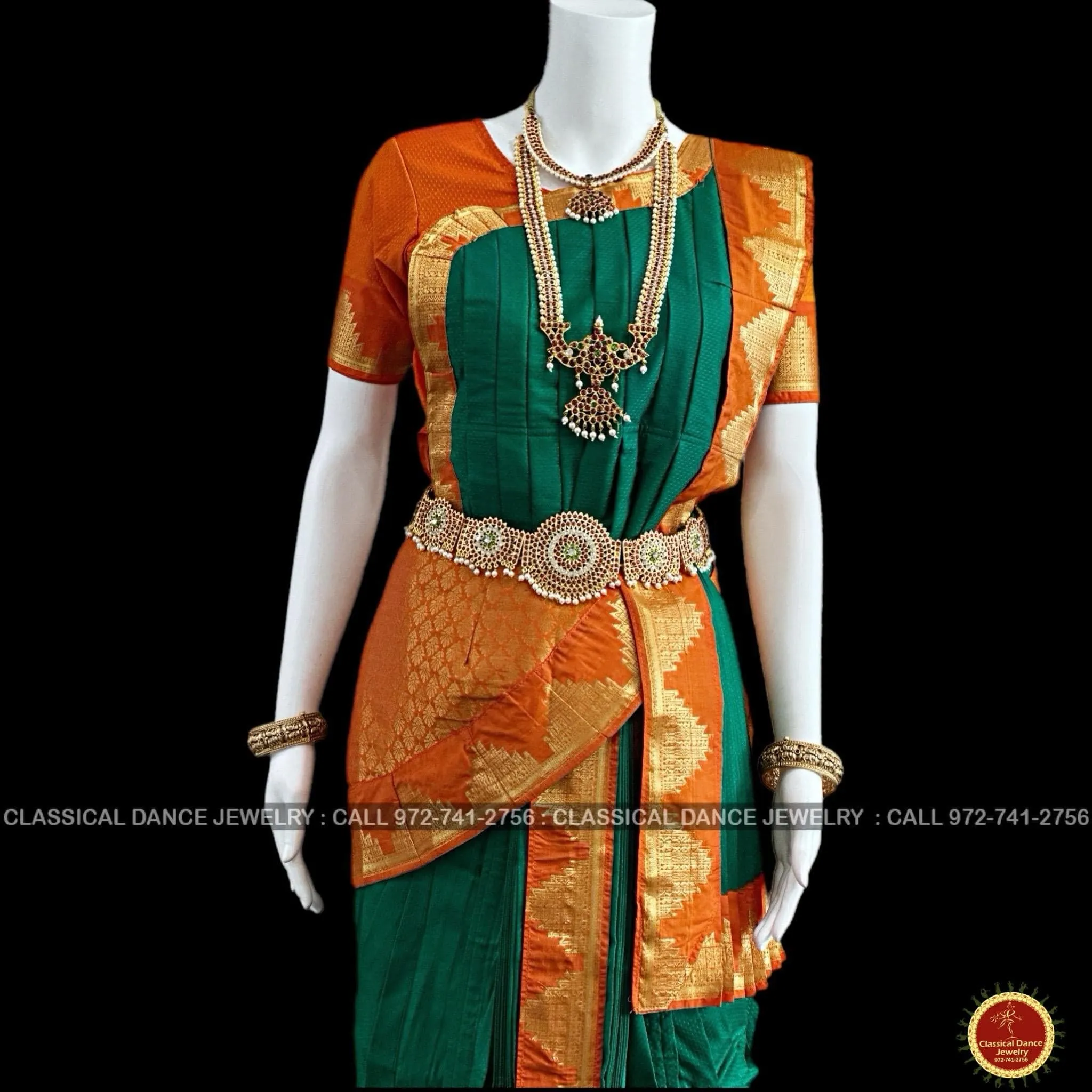 DARK GREEN ORANGE 38 Inch Pant length Kuchipudi Gold Zari Indian Dance Costume | Art Silk Dharmavaram Kanchi | Classical Dance Jewelry