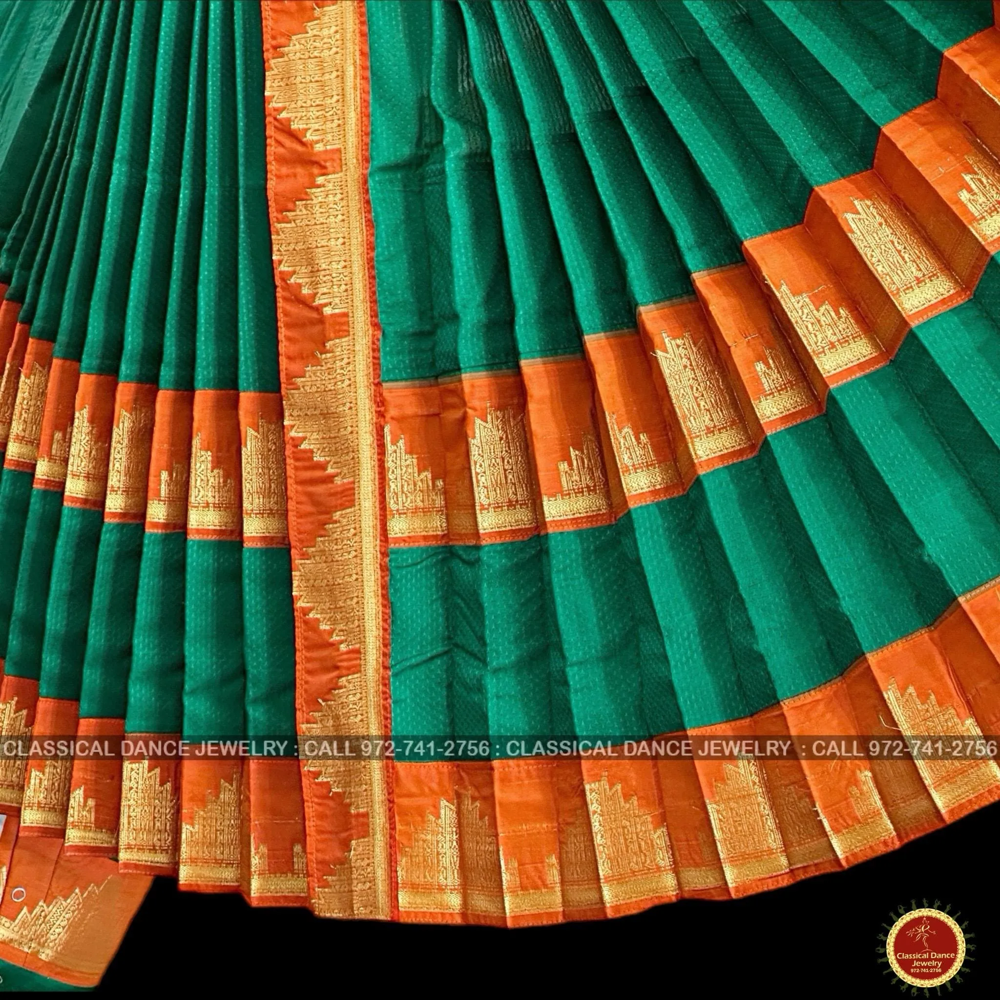 DARK GREEN ORANGE 38 Inch Pant length Kuchipudi Gold Zari Indian Dance Costume | Art Silk Dharmavaram Kanchi | Classical Dance Jewelry