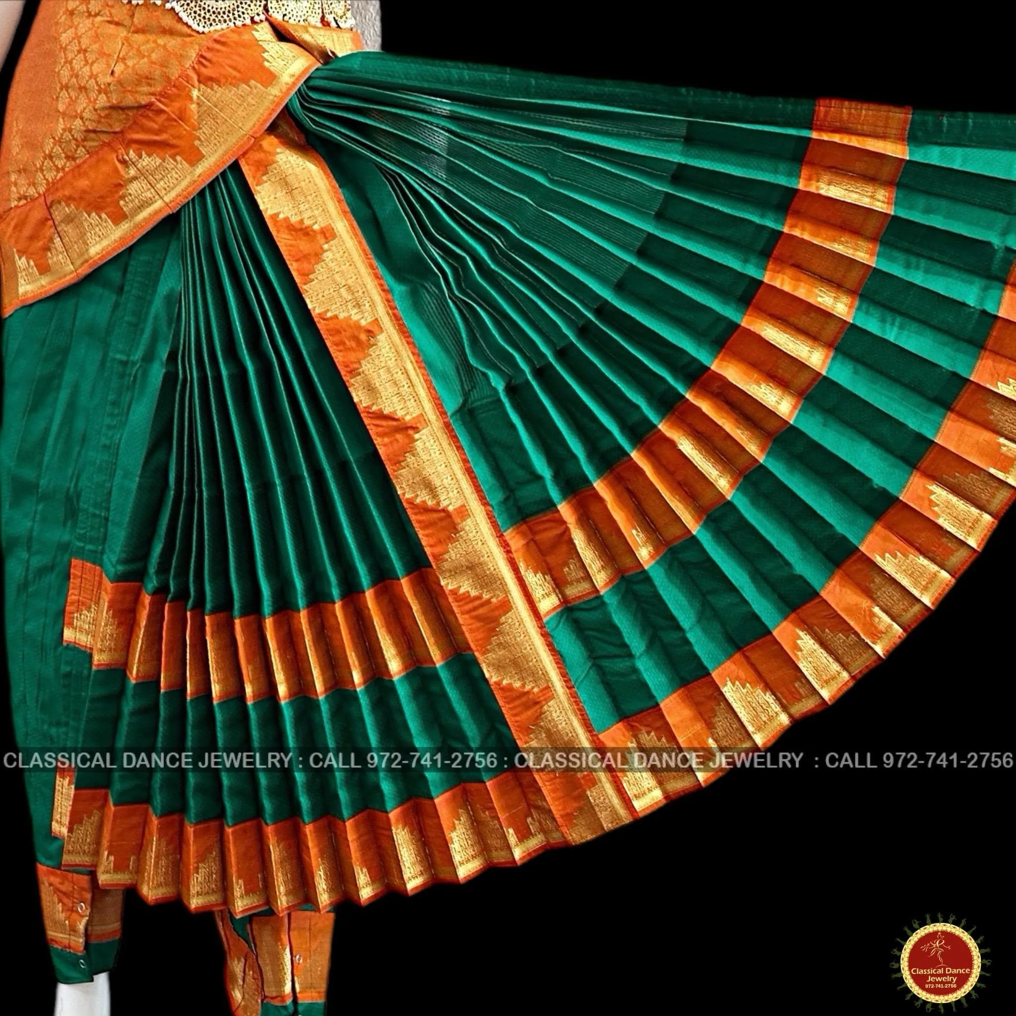 DARK GREEN ORANGE 38 Inch Pant length Kuchipudi Gold Zari Indian Dance Costume | Art Silk Dharmavaram Kanchi | Classical Dance Jewelry