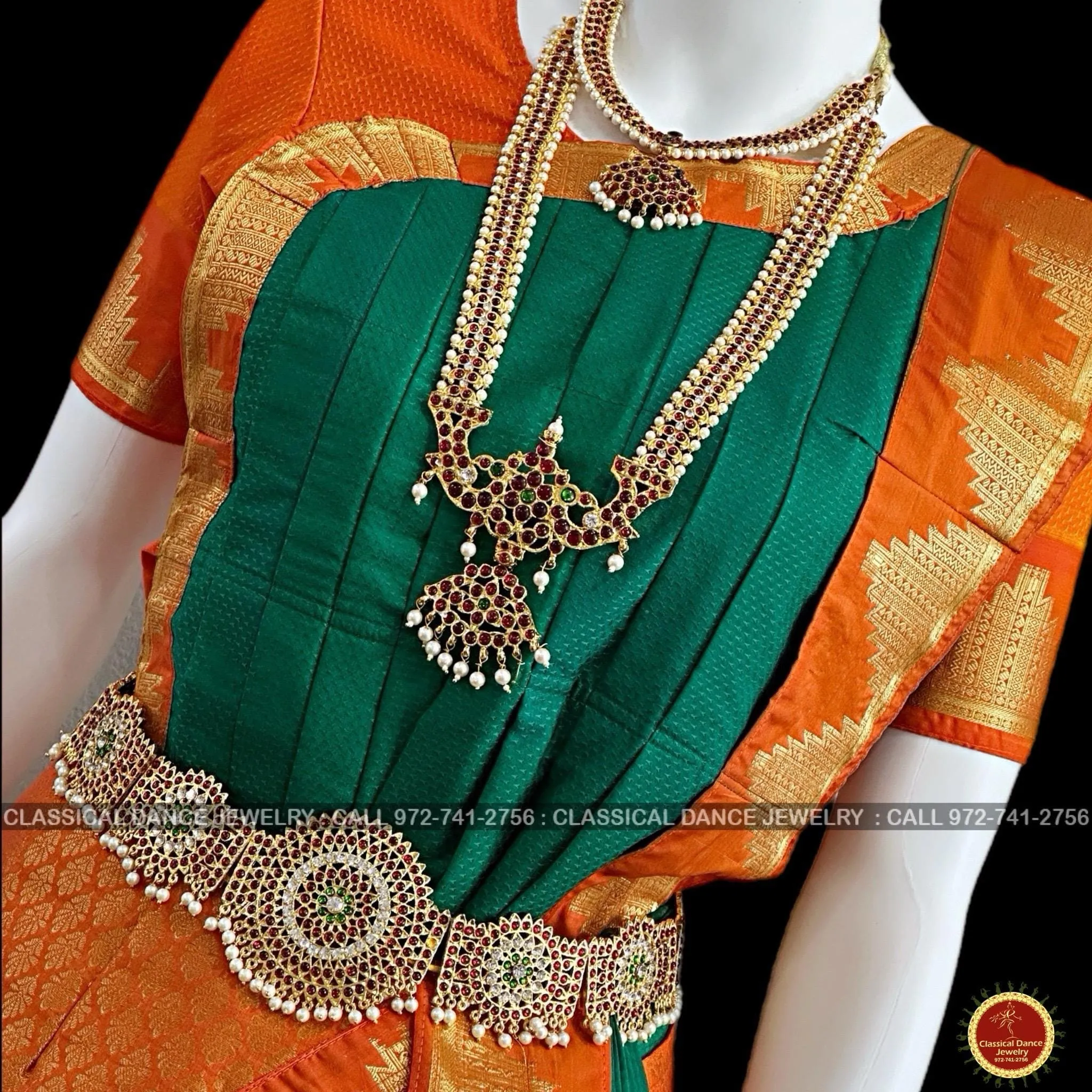 DARK GREEN ORANGE 38 Inch Pant length Kuchipudi Gold Zari Indian Dance Costume | Art Silk Dharmavaram Kanchi | Classical Dance Jewelry