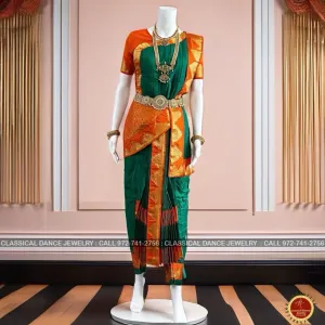 DARK GREEN ORANGE 38 Inch Pant length Kuchipudi Gold Zari Indian Dance Costume | Art Silk Dharmavaram Kanchi | Classical Dance Jewelry