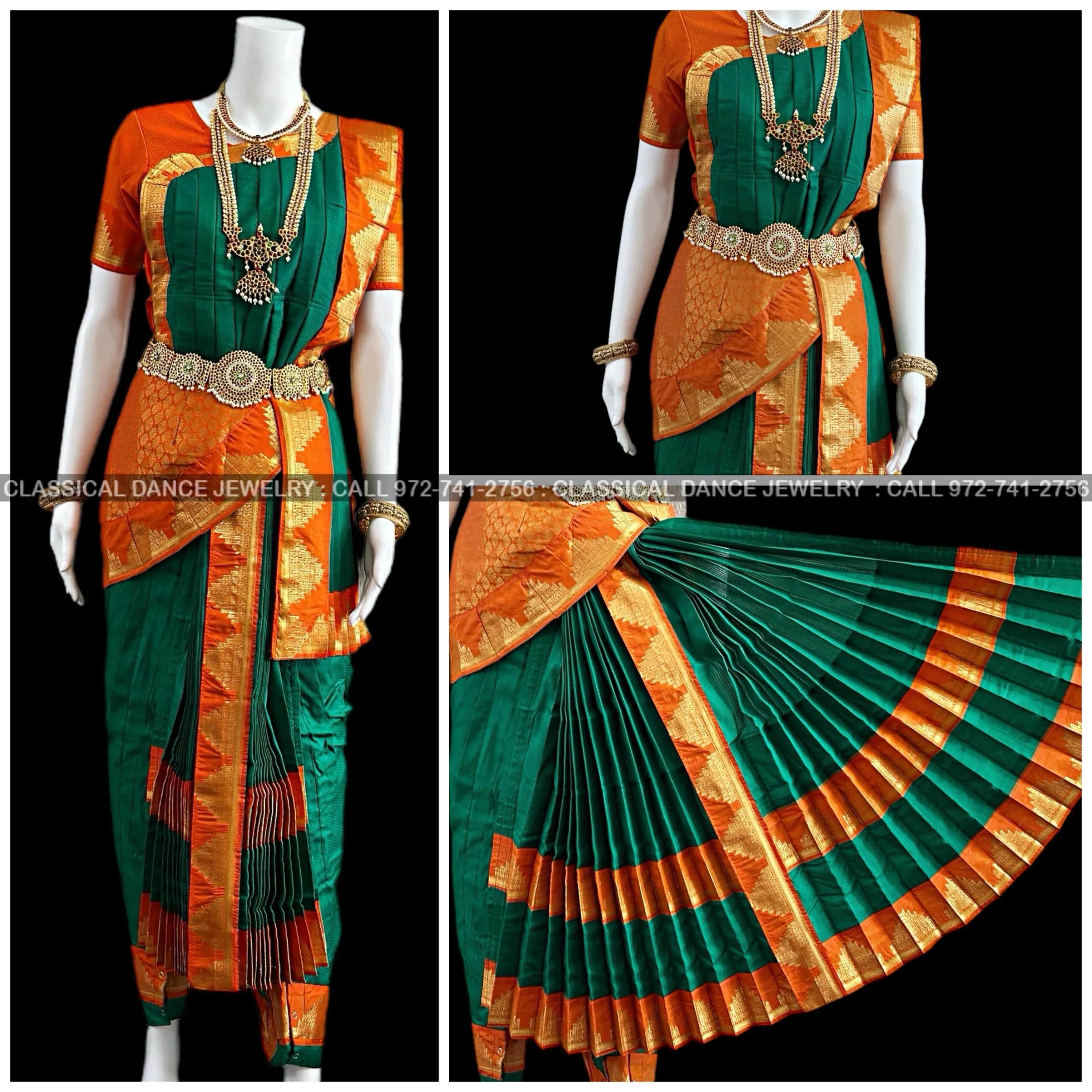 DARK GREEN ORANGE 38 Inch Pant length Kuchipudi Gold Zari Indian Dance Costume | Art Silk Dharmavaram Kanchi | Classical Dance Jewelry