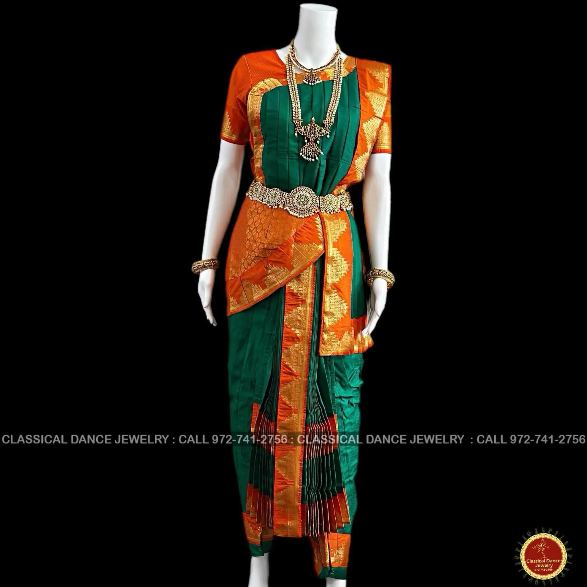 DARK GREEN ORANGE 38 Inch Pant length Kuchipudi Gold Zari Indian Dance Costume | Art Silk Dharmavaram Kanchi | Classical Dance Jewelry