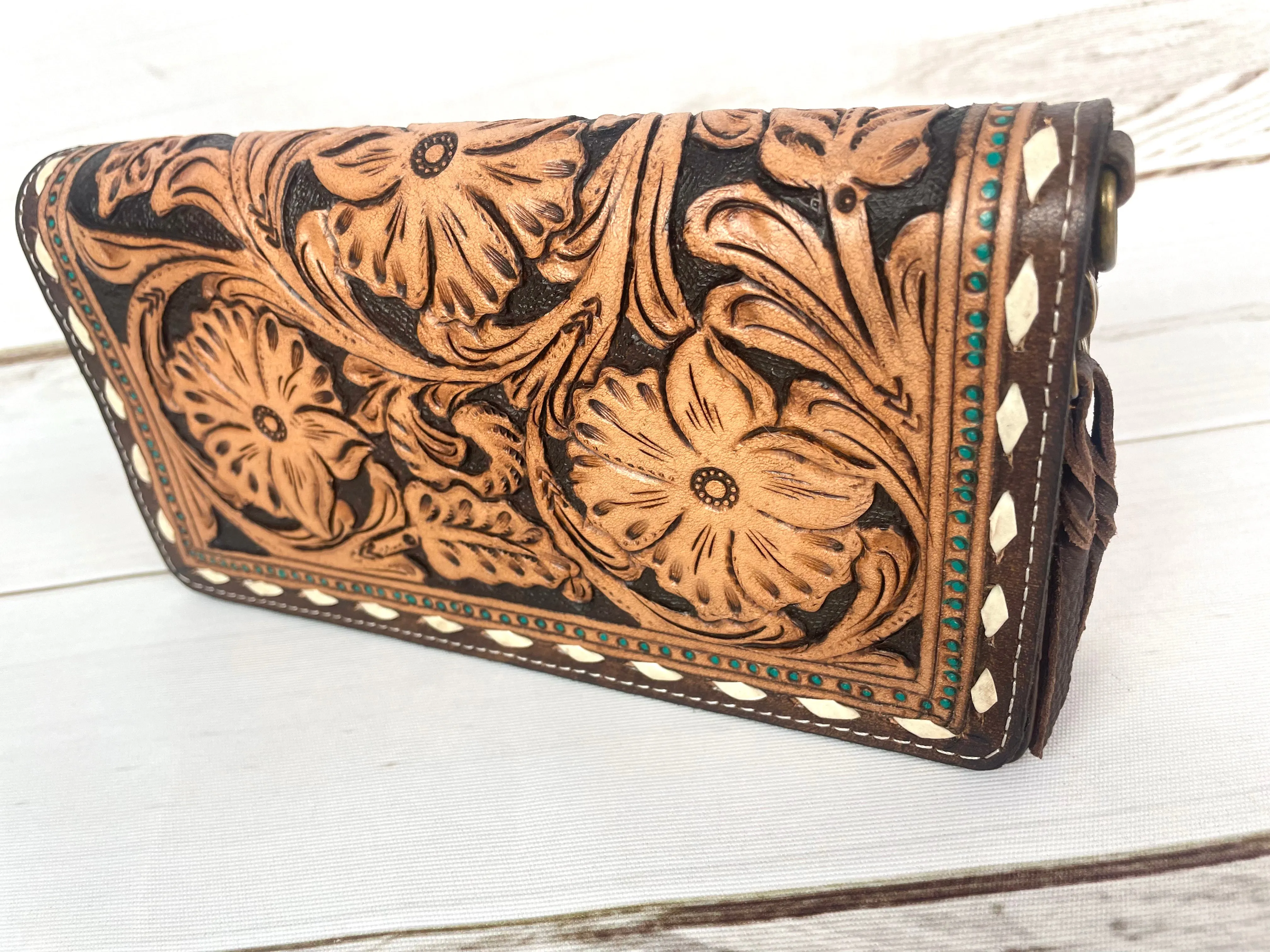 Dark Leather Floral Tooled Buckstitch with Turquoise Dotted Carryall Wallet