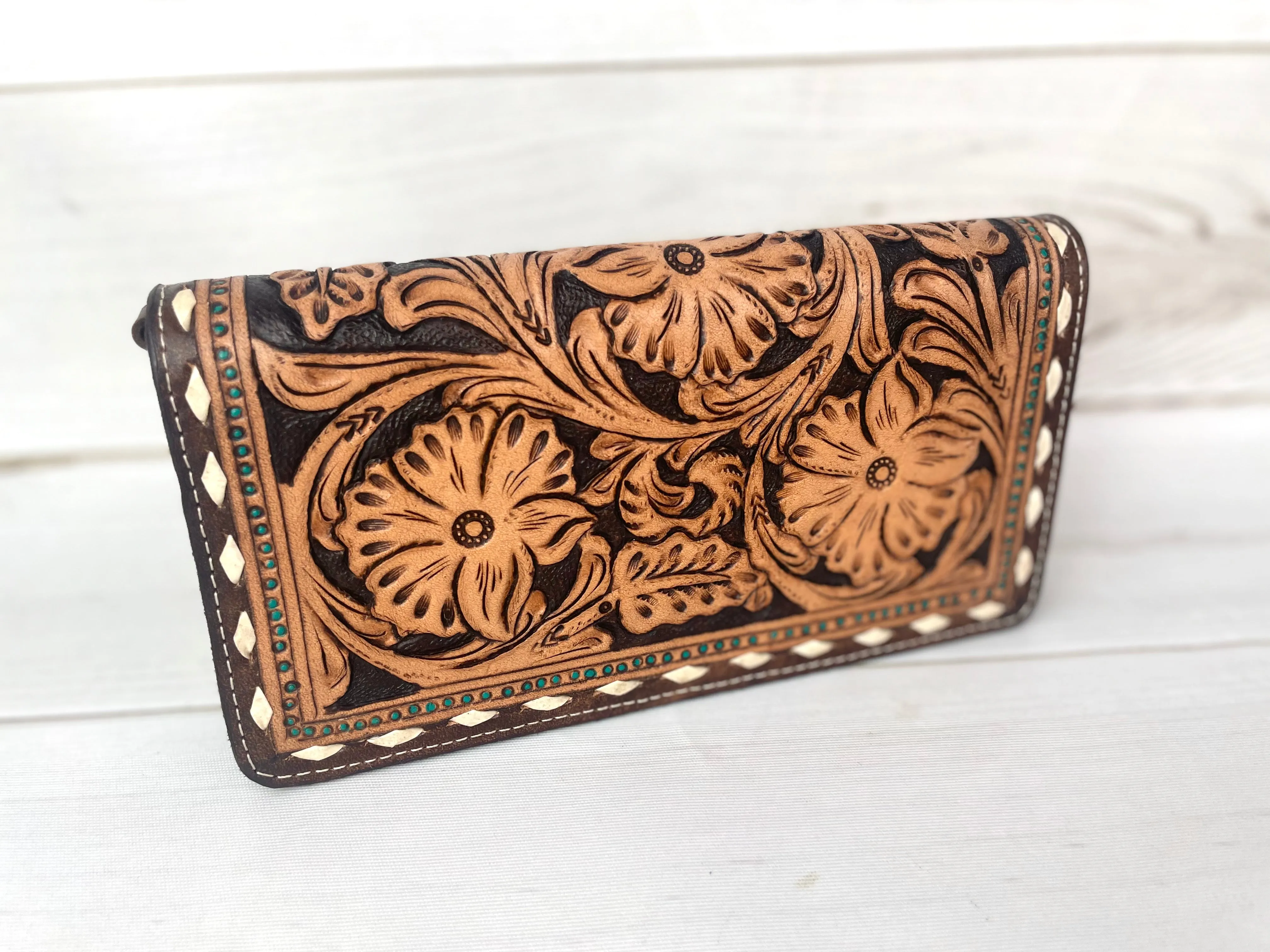 Dark Leather Floral Tooled Buckstitch with Turquoise Dotted Carryall Wallet