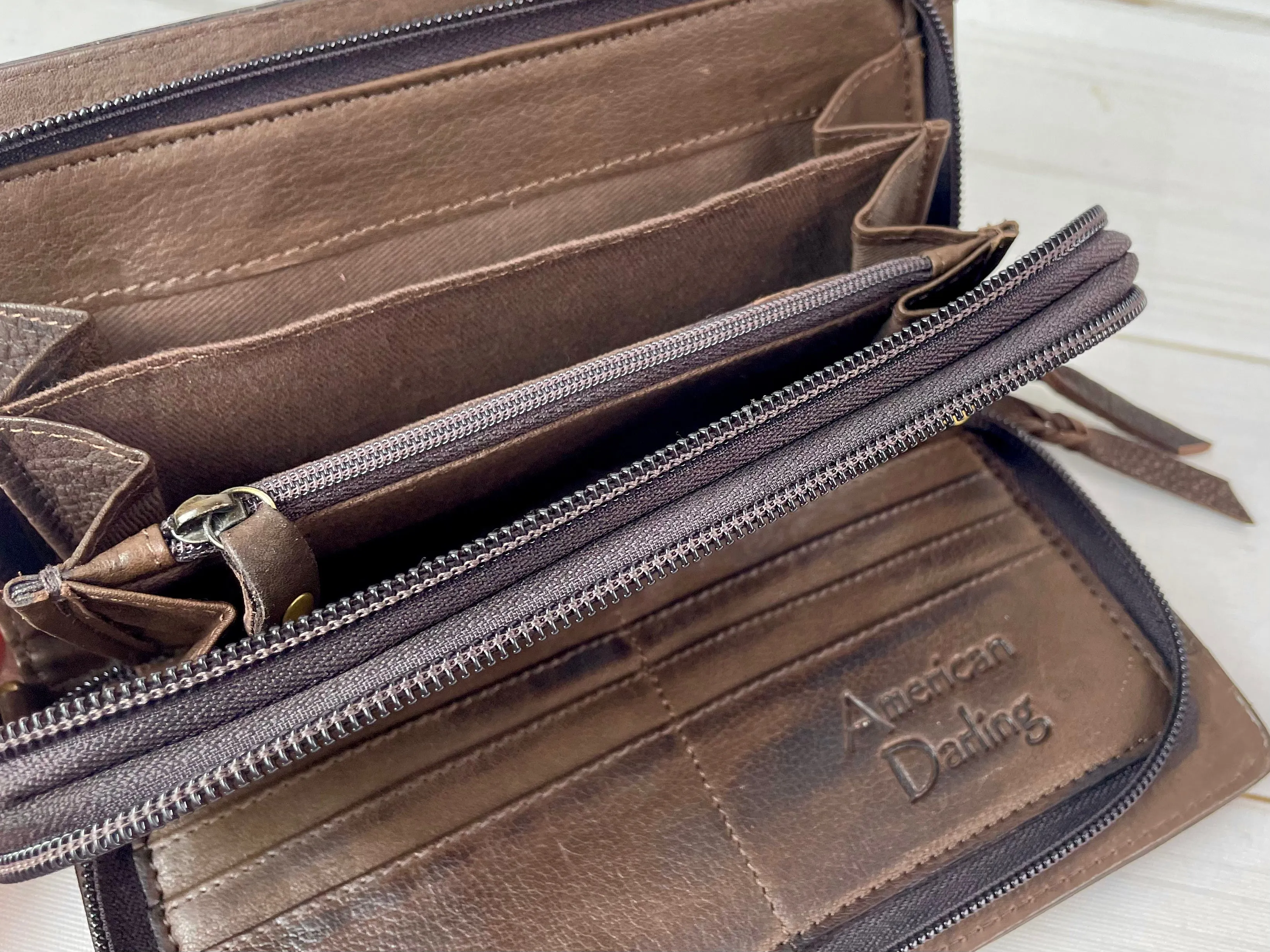 Dark Leather Floral Tooled Buckstitch with Turquoise Dotted Carryall Wallet