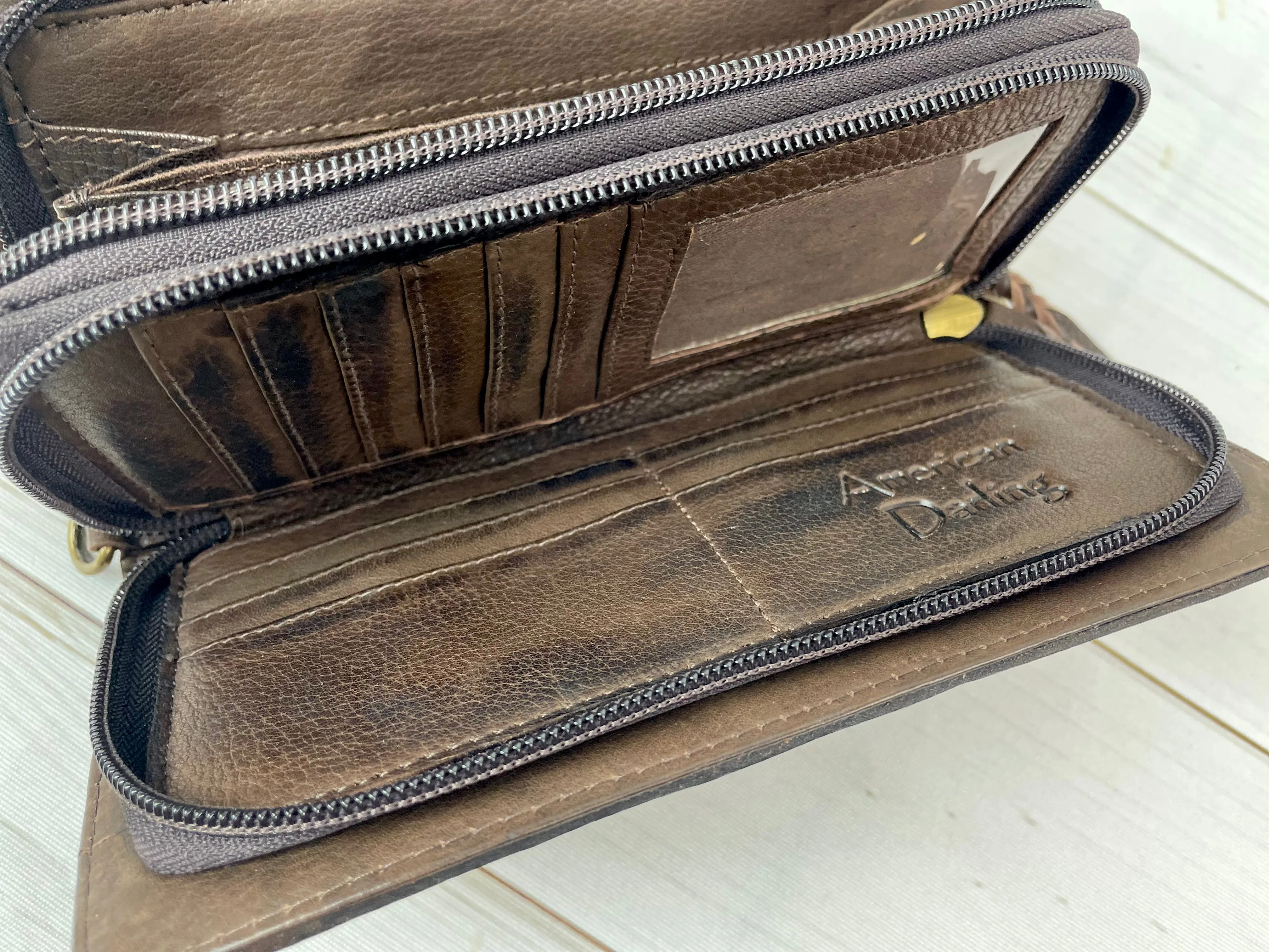 Dark Leather Floral Tooled Buckstitch with Turquoise Dotted Carryall Wallet