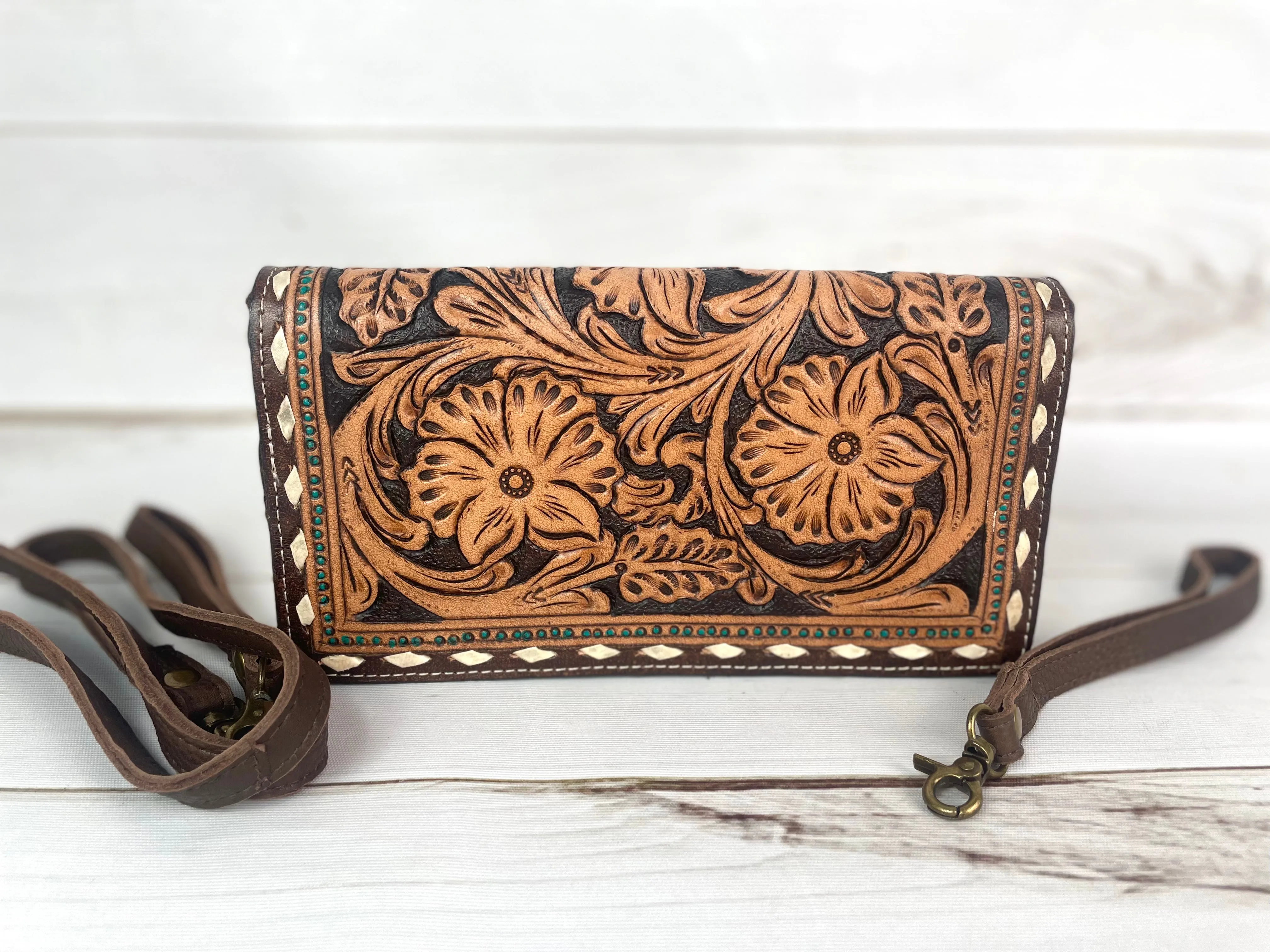 Dark Leather Floral Tooled Buckstitch with Turquoise Dotted Carryall Wallet