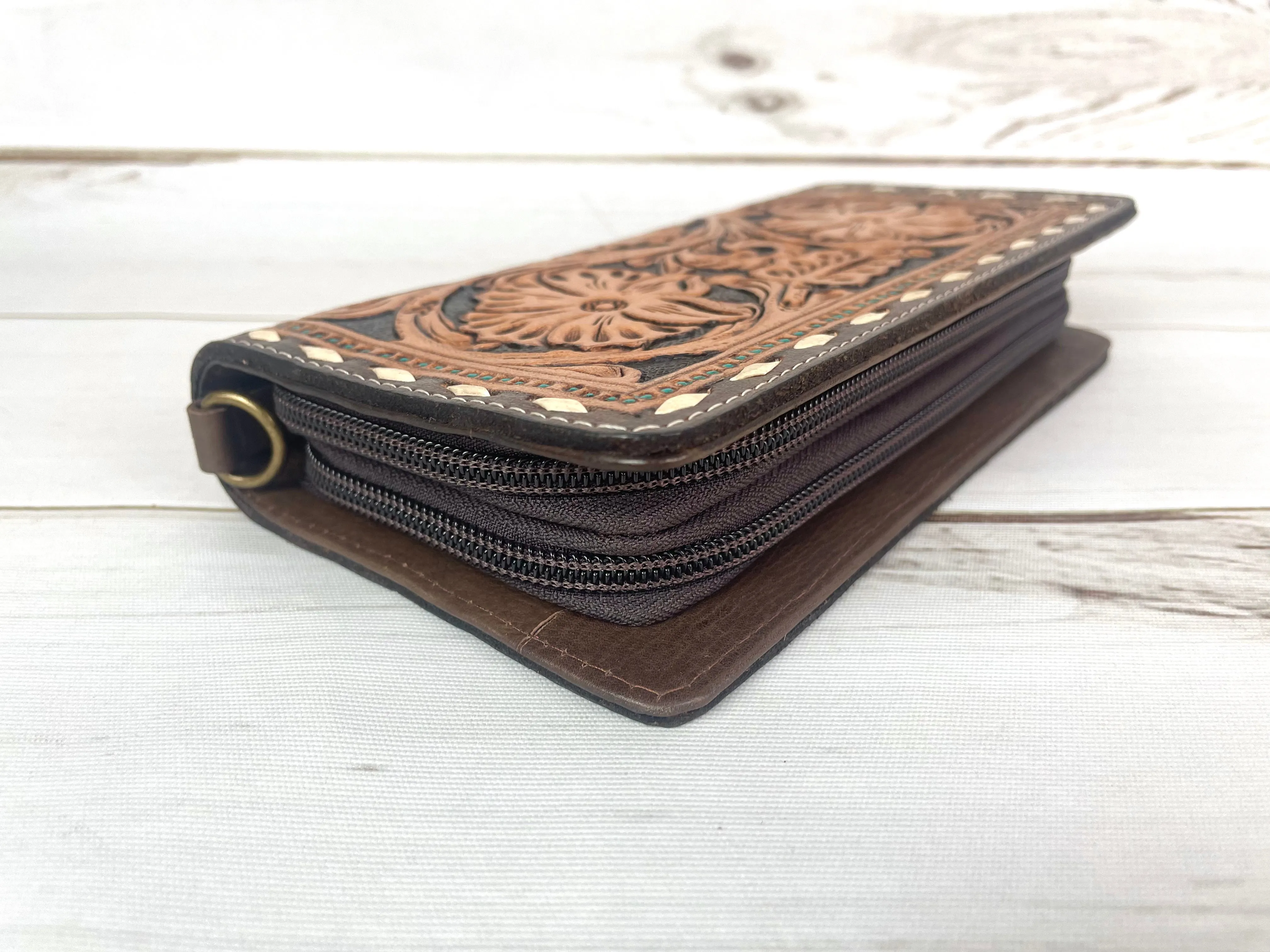 Dark Leather Floral Tooled Buckstitch with Turquoise Dotted Carryall Wallet