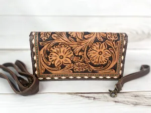 Dark Leather Floral Tooled Buckstitch with Turquoise Dotted Carryall Wallet