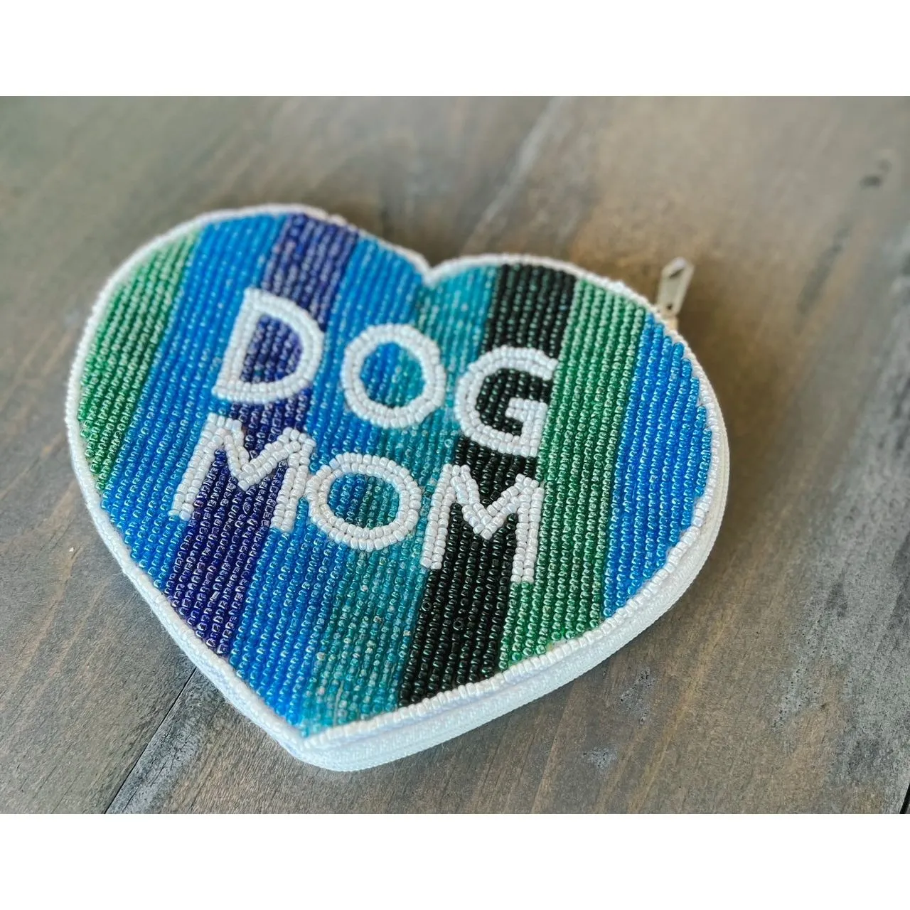 Dog Mom Striped Heart Seed Beaded Coin Purse