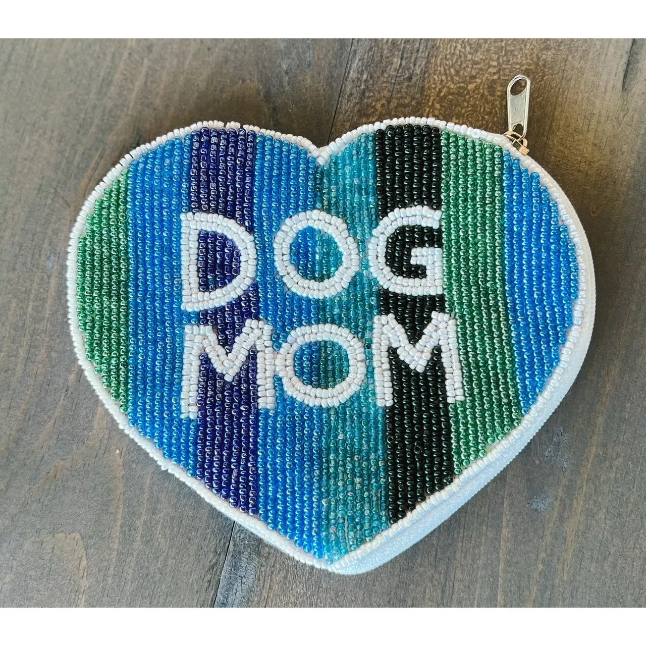 Dog Mom Striped Heart Seed Beaded Coin Purse