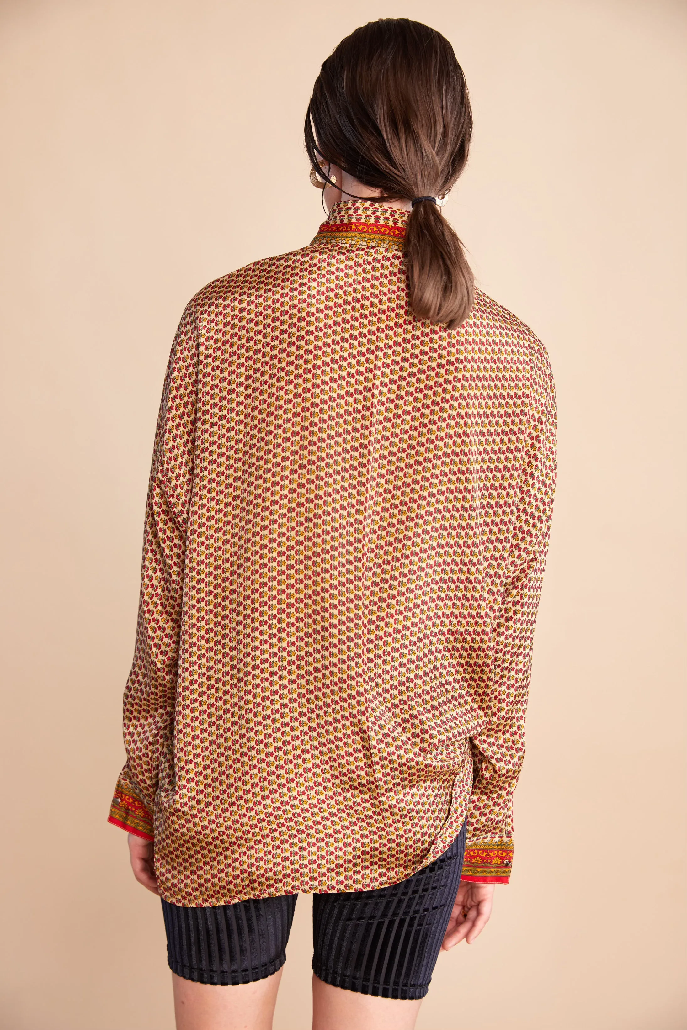 Embossed Oriental Motif Long Sleeve Shirt - Burnt Sienna
