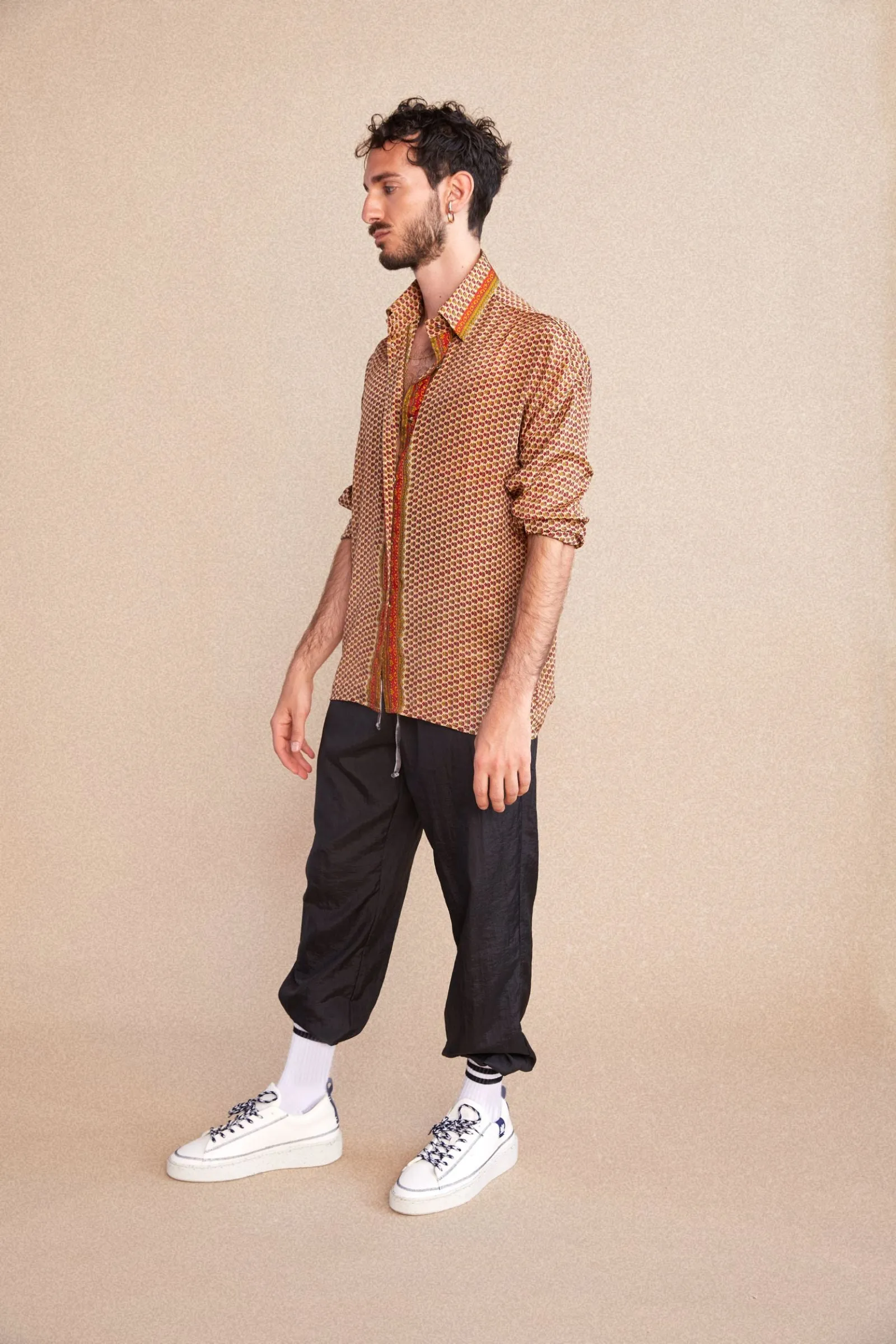 Embossed Oriental Motif Long Sleeve Shirt - Burnt Sienna