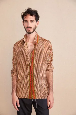 Embossed Oriental Motif Long Sleeve Shirt - Burnt Sienna