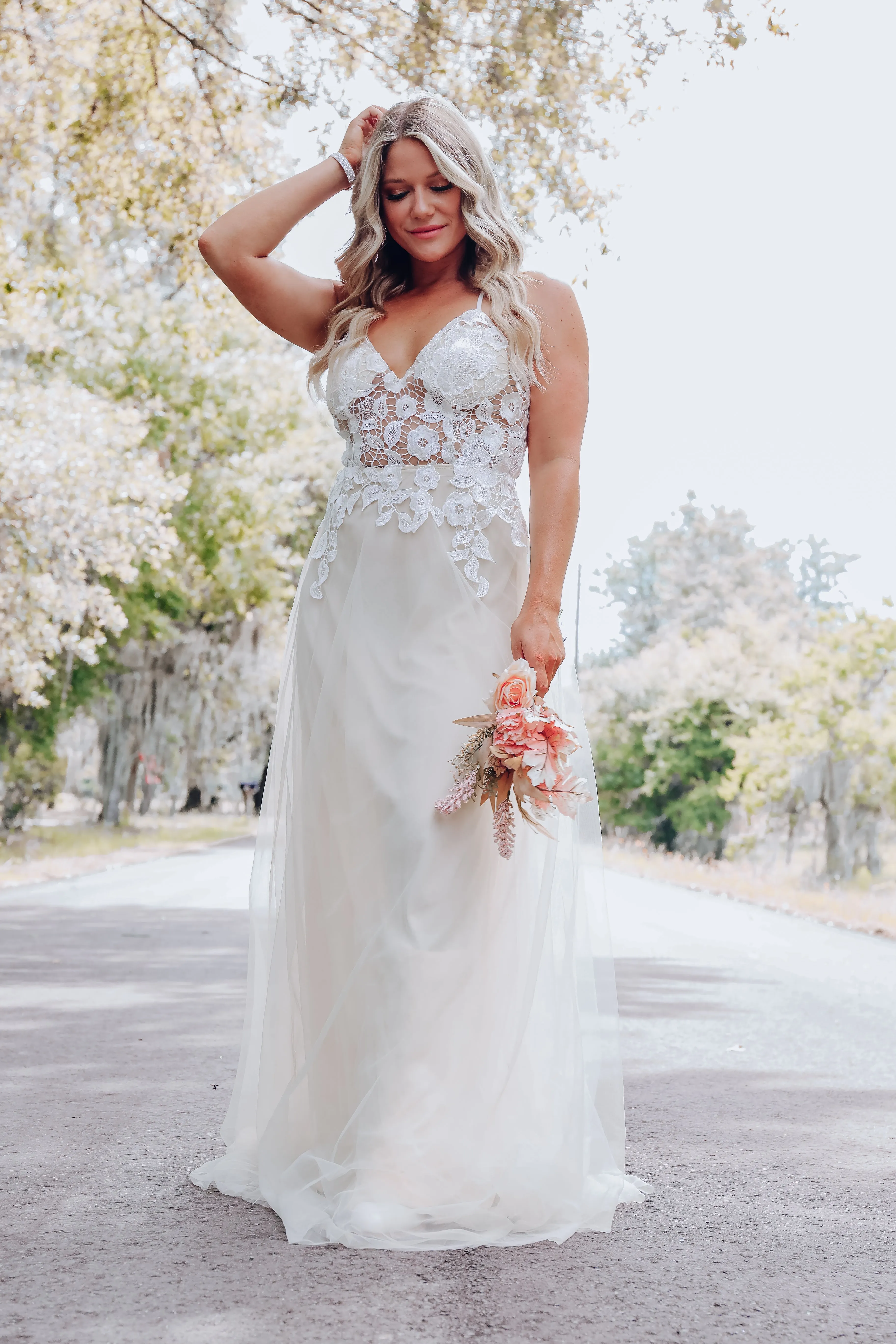 Enchanting Floral Lace Tulle Gown- Ivory
