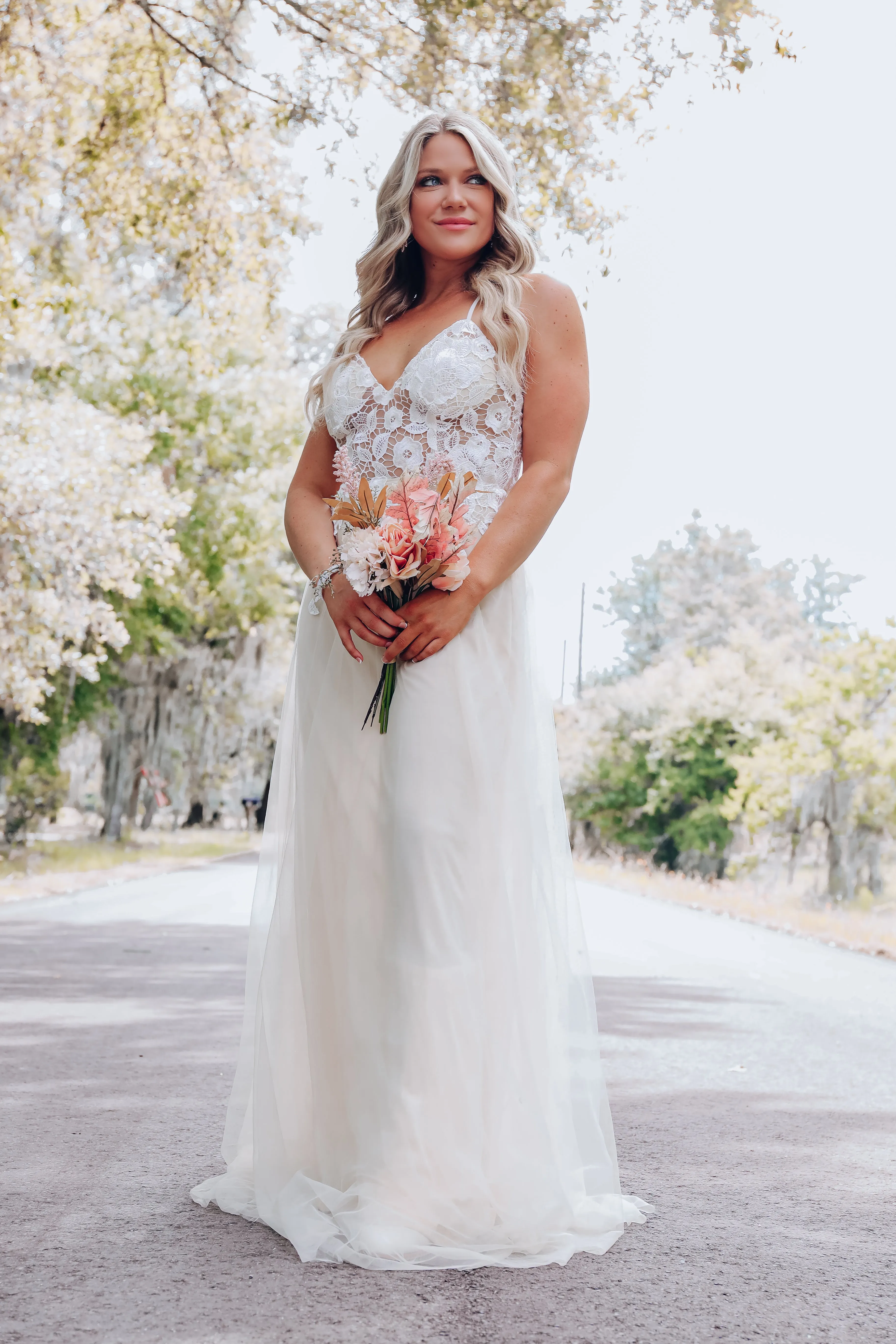 Enchanting Floral Lace Tulle Gown- Ivory