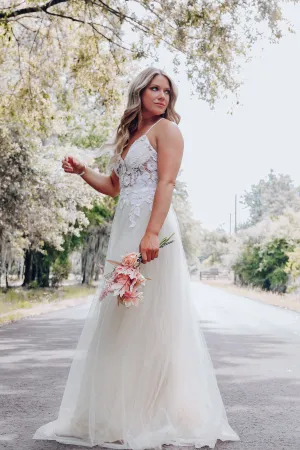 Enchanting Floral Lace Tulle Gown- Ivory