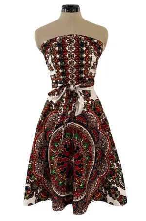 Fantastic 1970s Strapless Extended Multi Tie Bohemian Cotton Batik Print Dress