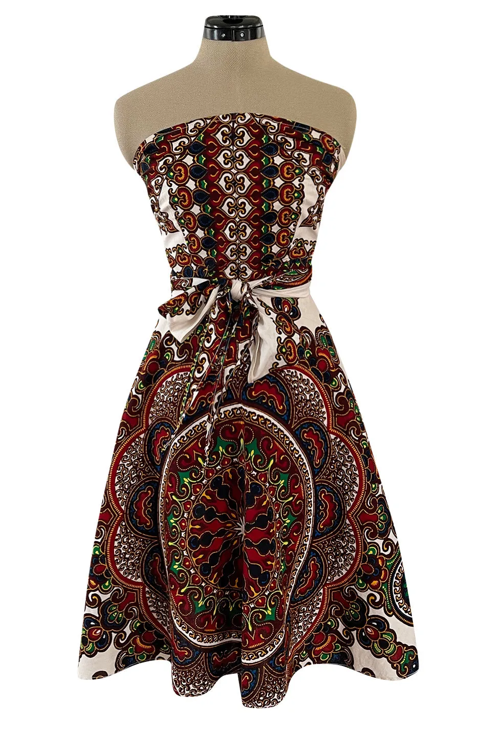 Fantastic 1970s Strapless Extended Multi Tie Bohemian Cotton Batik Print Dress