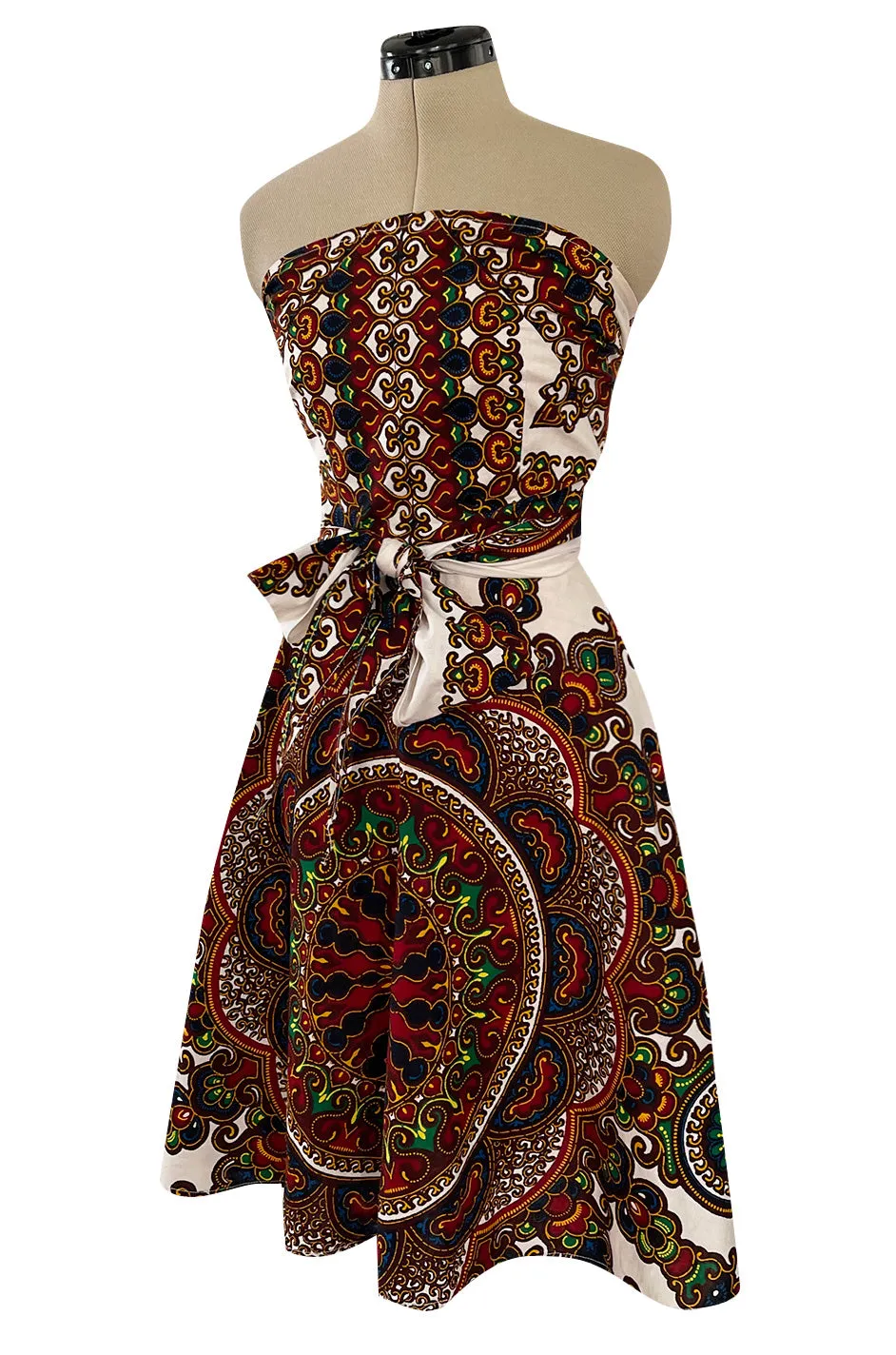 Fantastic 1970s Strapless Extended Multi Tie Bohemian Cotton Batik Print Dress
