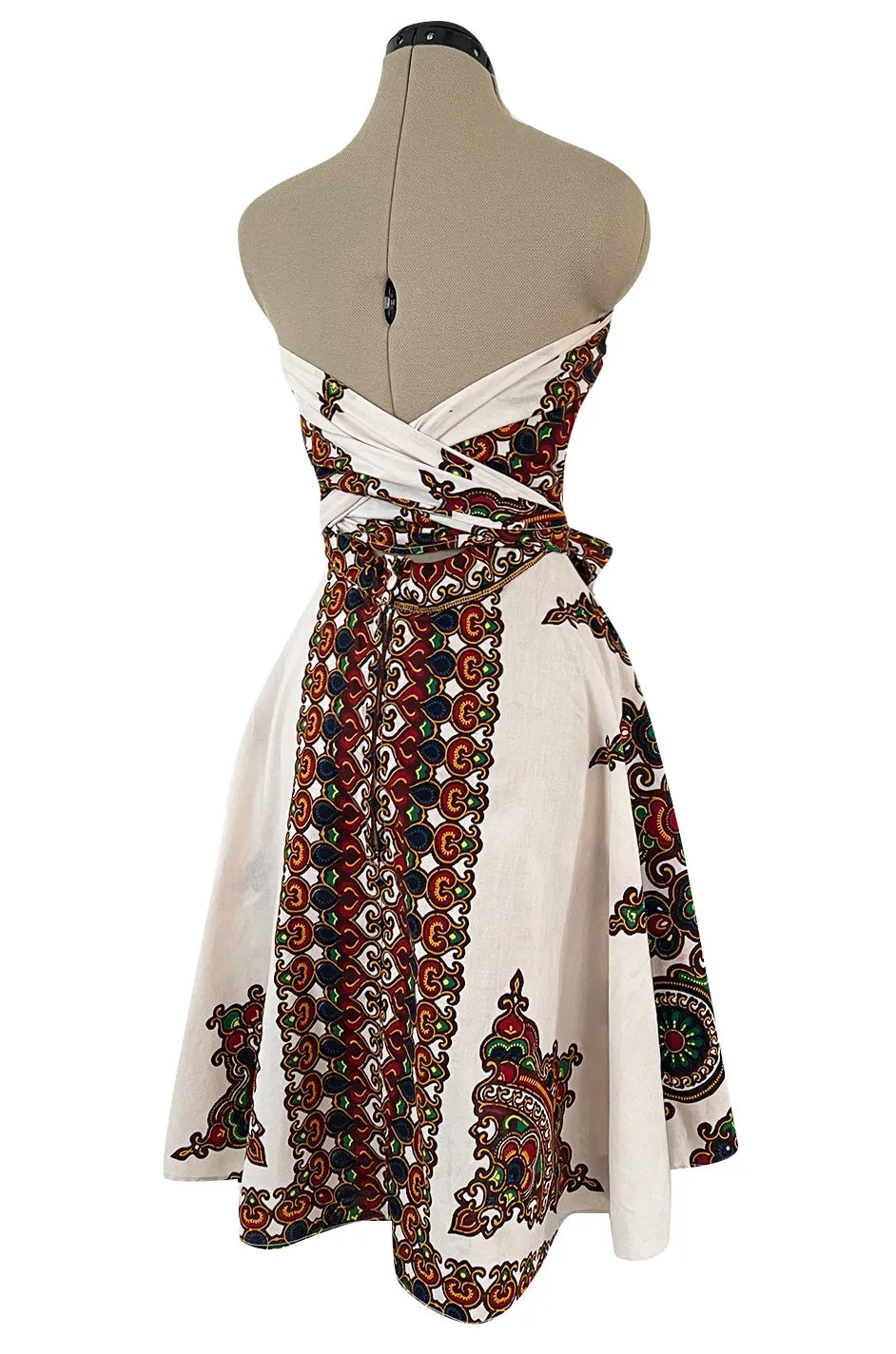 Fantastic 1970s Strapless Extended Multi Tie Bohemian Cotton Batik Print Dress
