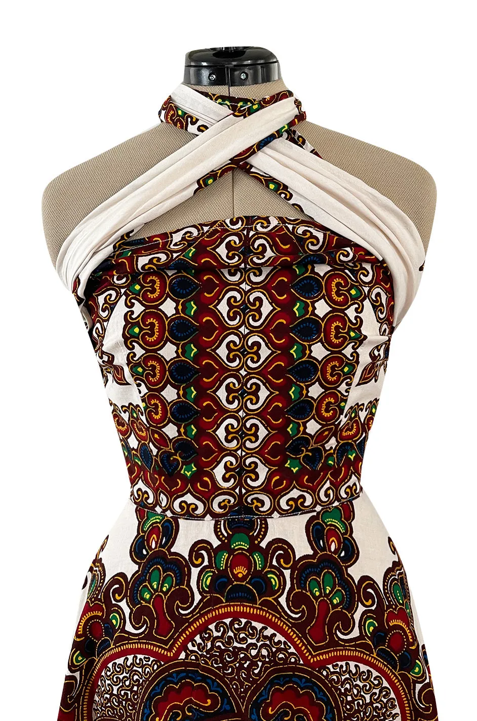 Fantastic 1970s Strapless Extended Multi Tie Bohemian Cotton Batik Print Dress