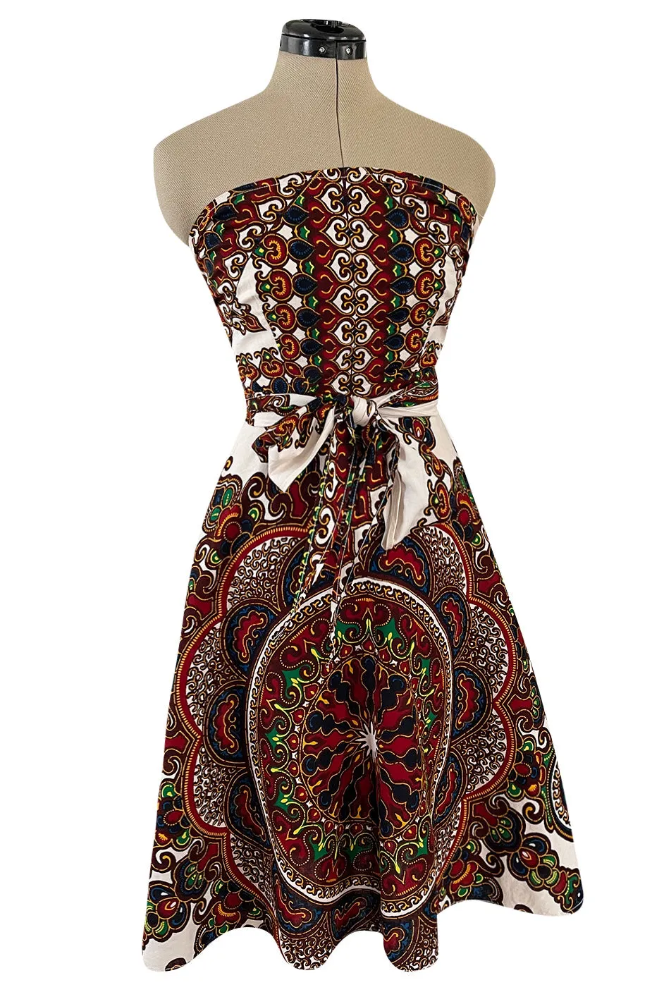 Fantastic 1970s Strapless Extended Multi Tie Bohemian Cotton Batik Print Dress