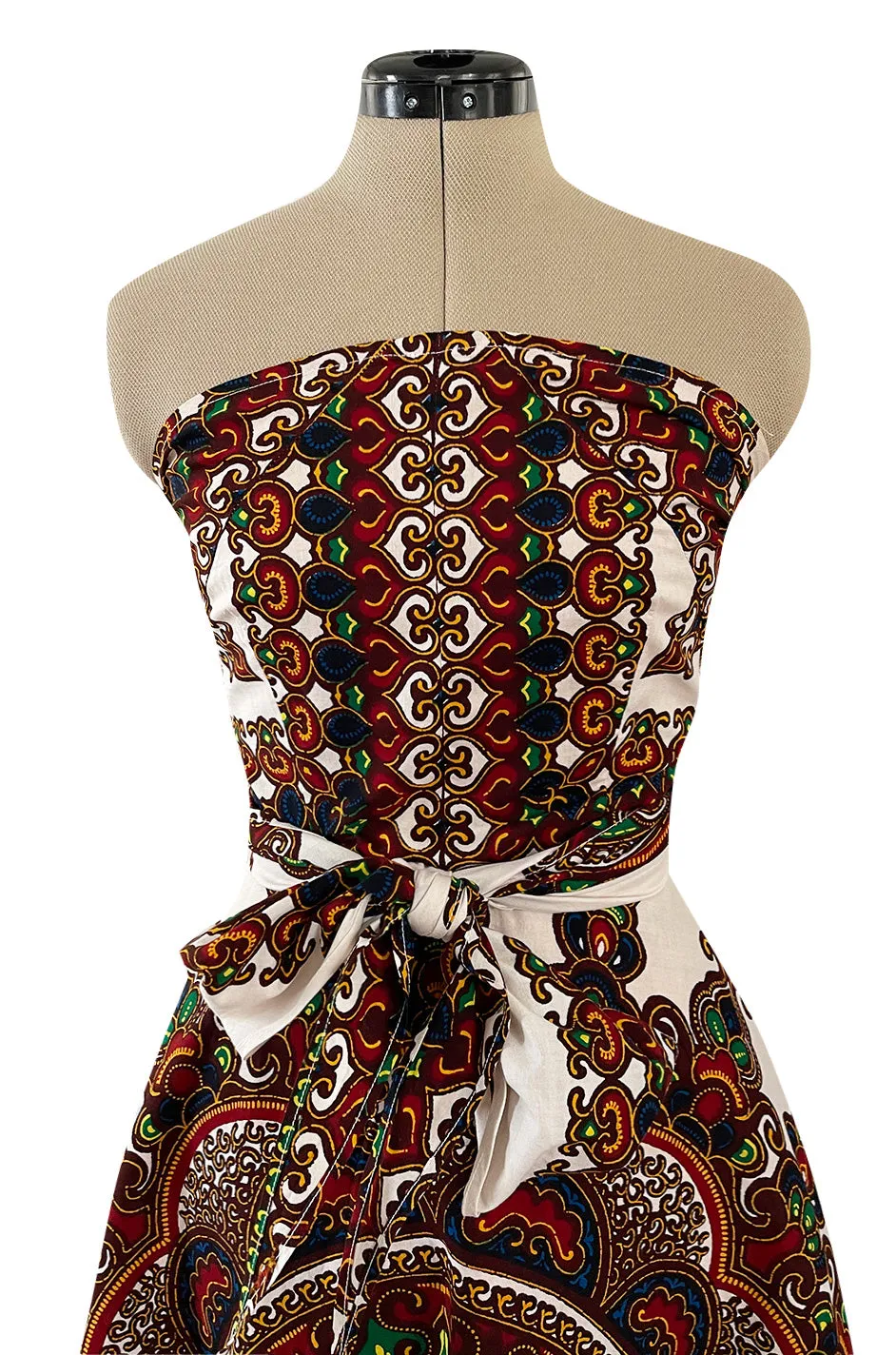 Fantastic 1970s Strapless Extended Multi Tie Bohemian Cotton Batik Print Dress