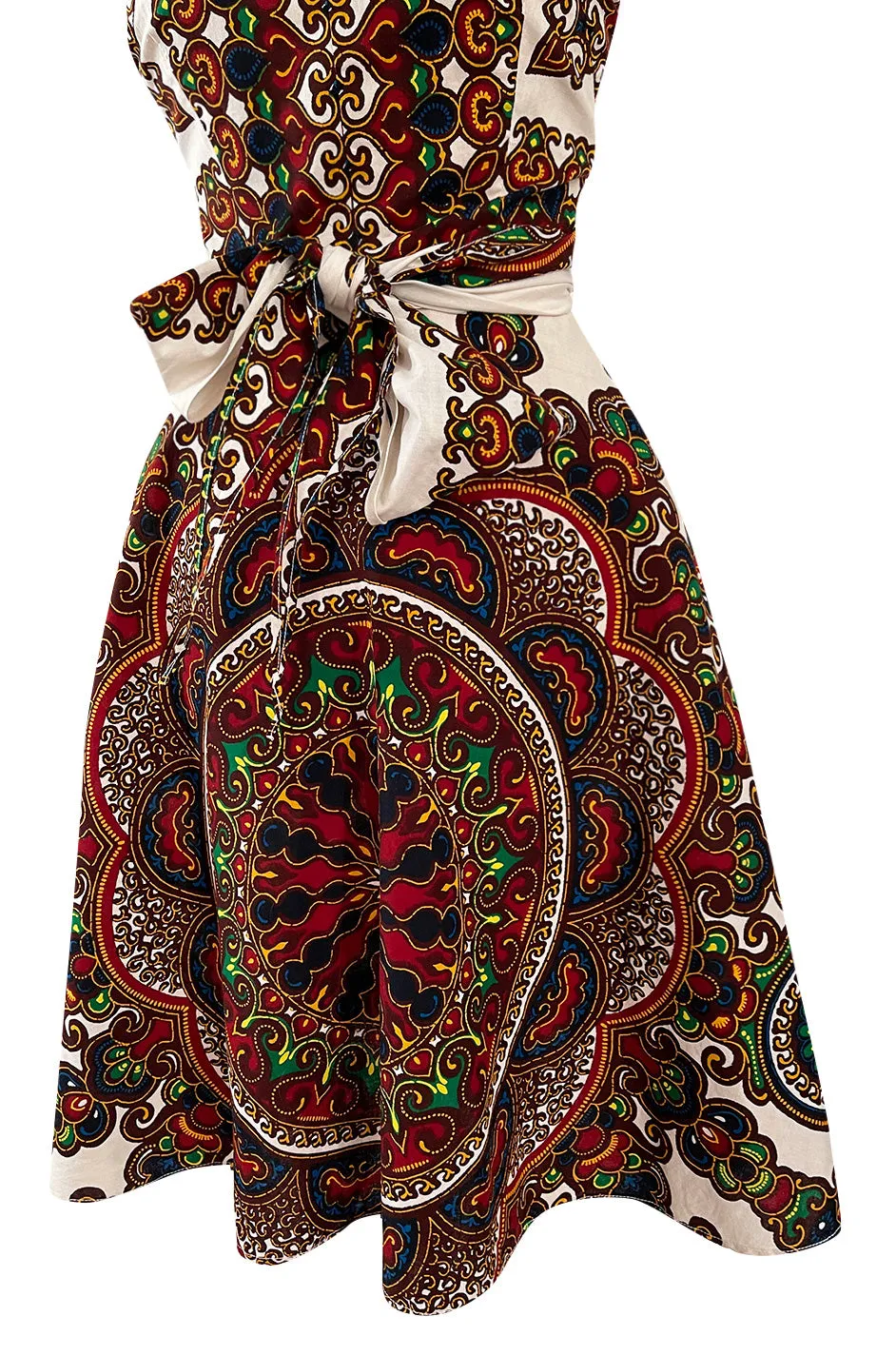 Fantastic 1970s Strapless Extended Multi Tie Bohemian Cotton Batik Print Dress