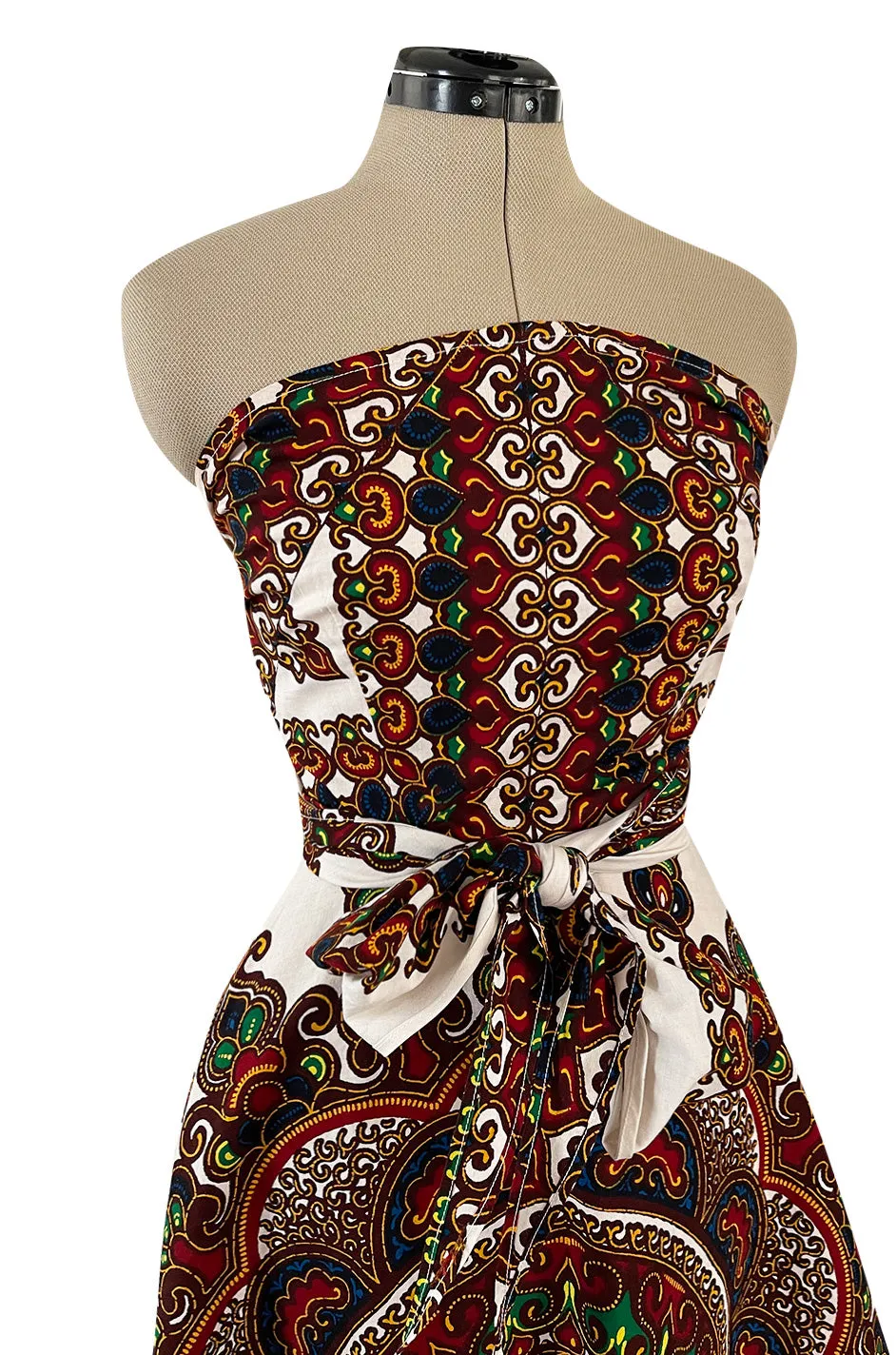 Fantastic 1970s Strapless Extended Multi Tie Bohemian Cotton Batik Print Dress
