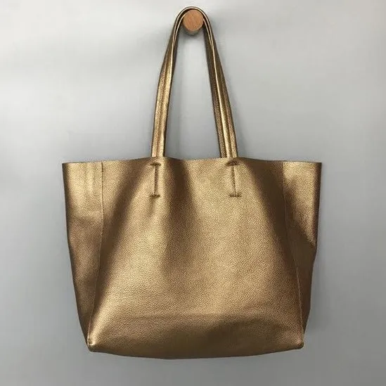 Fashion Womens Bronze Silver Leather Oversize Tote Bag Gold Shoulder Tote Bags Handbag Tote For Women