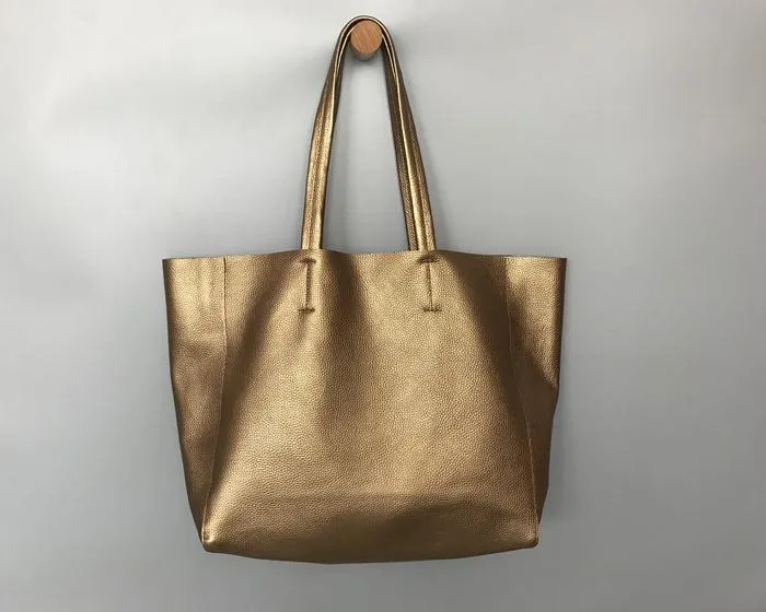 Fashion Womens Bronze Silver Leather Oversize Tote Bag Gold Shoulder Tote Bags Handbag Tote For Women