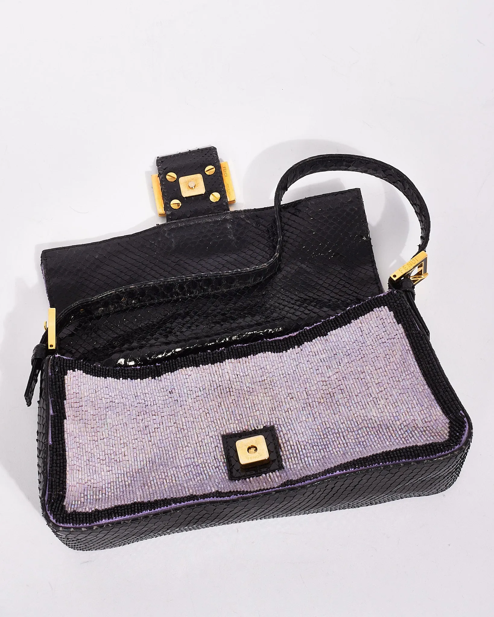Fendi Vintage Purple & Black Trim Beaded Baguette Shoulder Bag