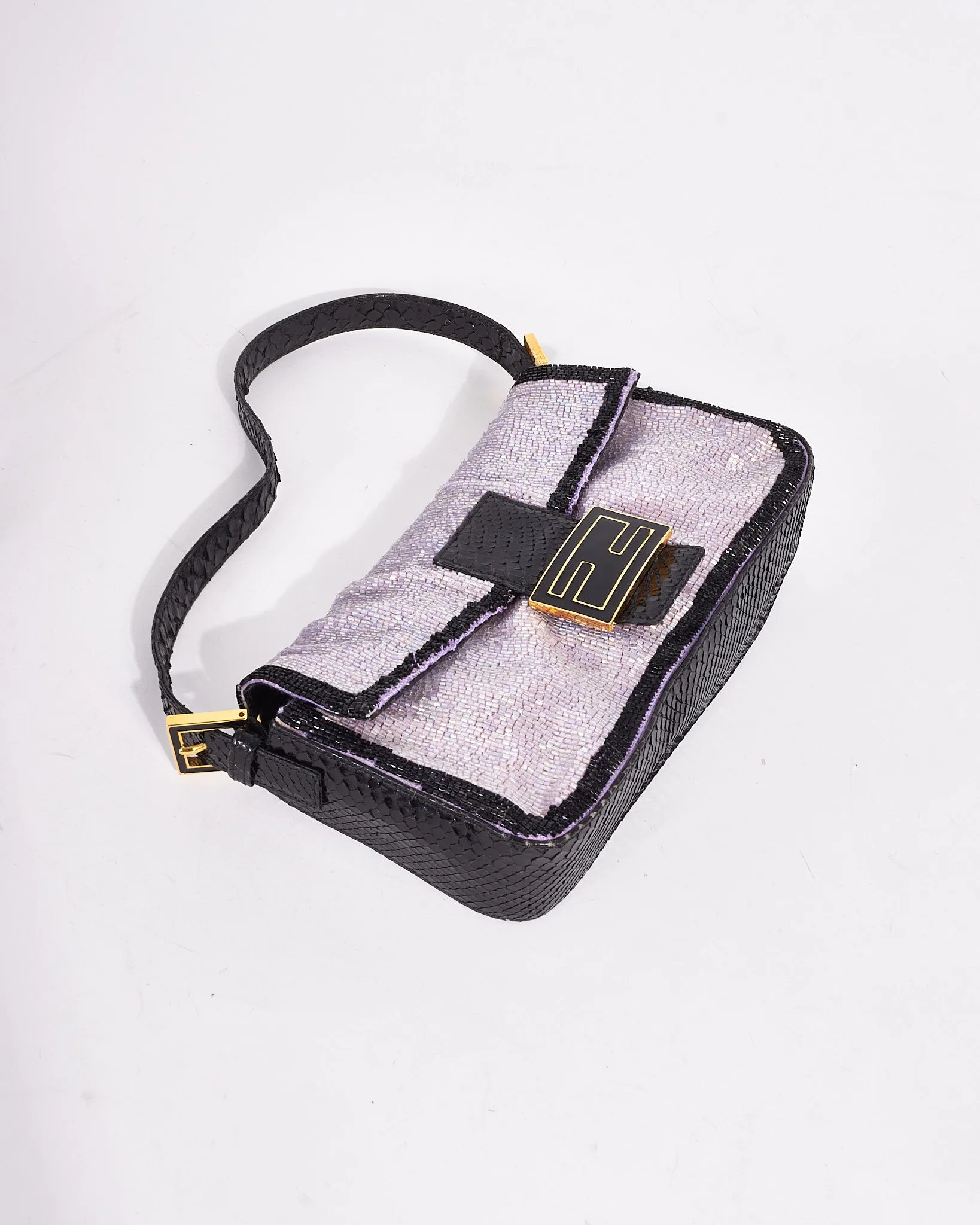 Fendi Vintage Purple & Black Trim Beaded Baguette Shoulder Bag