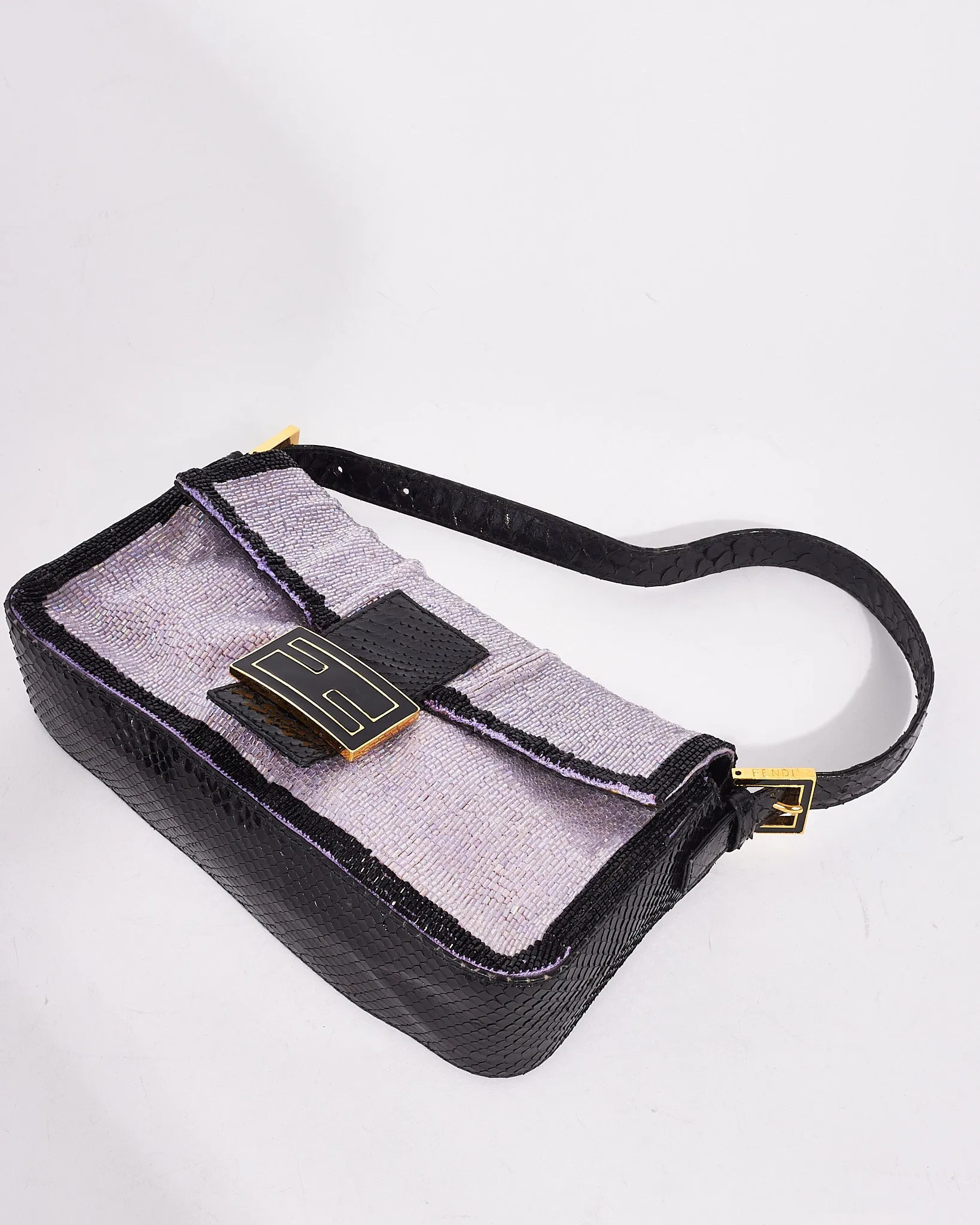 Fendi Vintage Purple & Black Trim Beaded Baguette Shoulder Bag