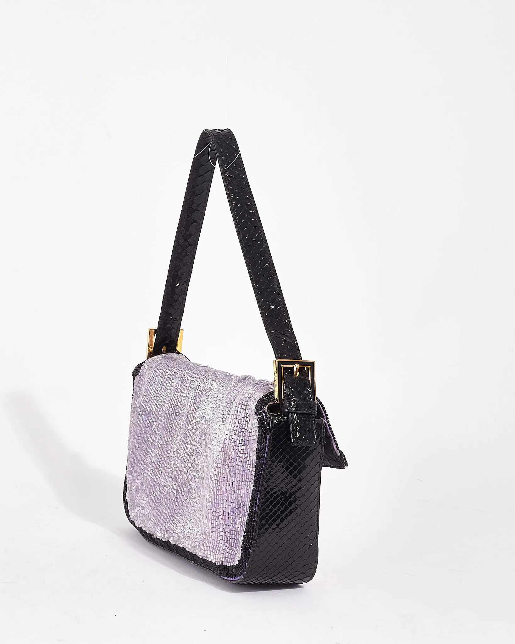 Fendi Vintage Purple & Black Trim Beaded Baguette Shoulder Bag