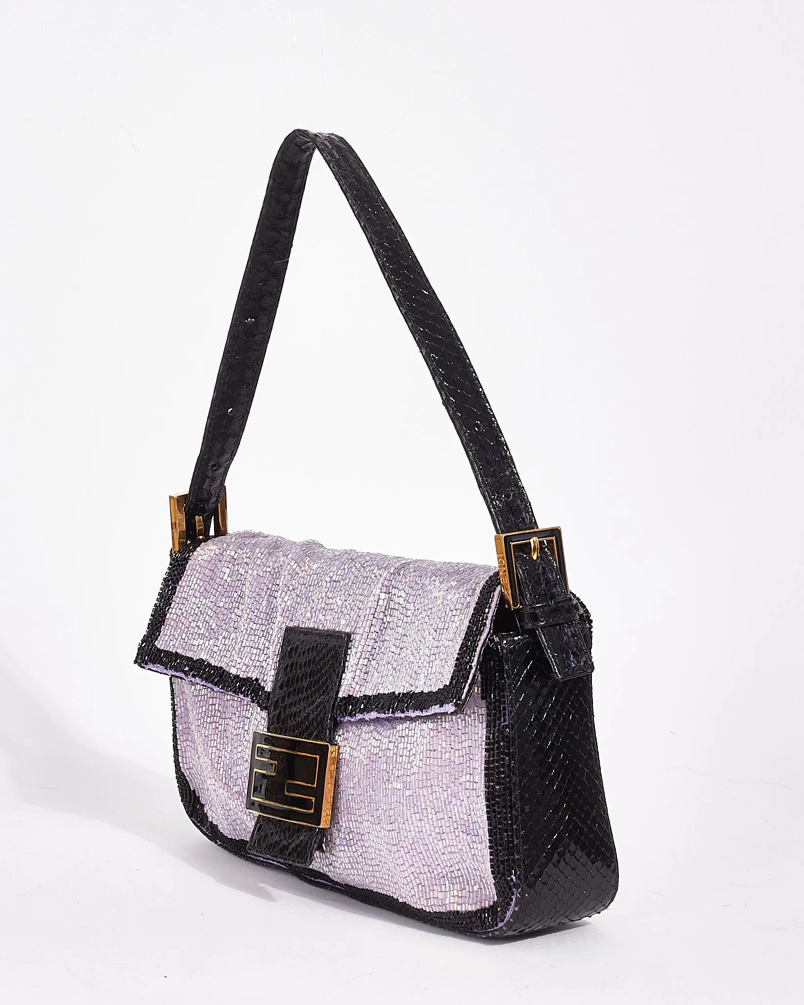 Fendi Vintage Purple & Black Trim Beaded Baguette Shoulder Bag