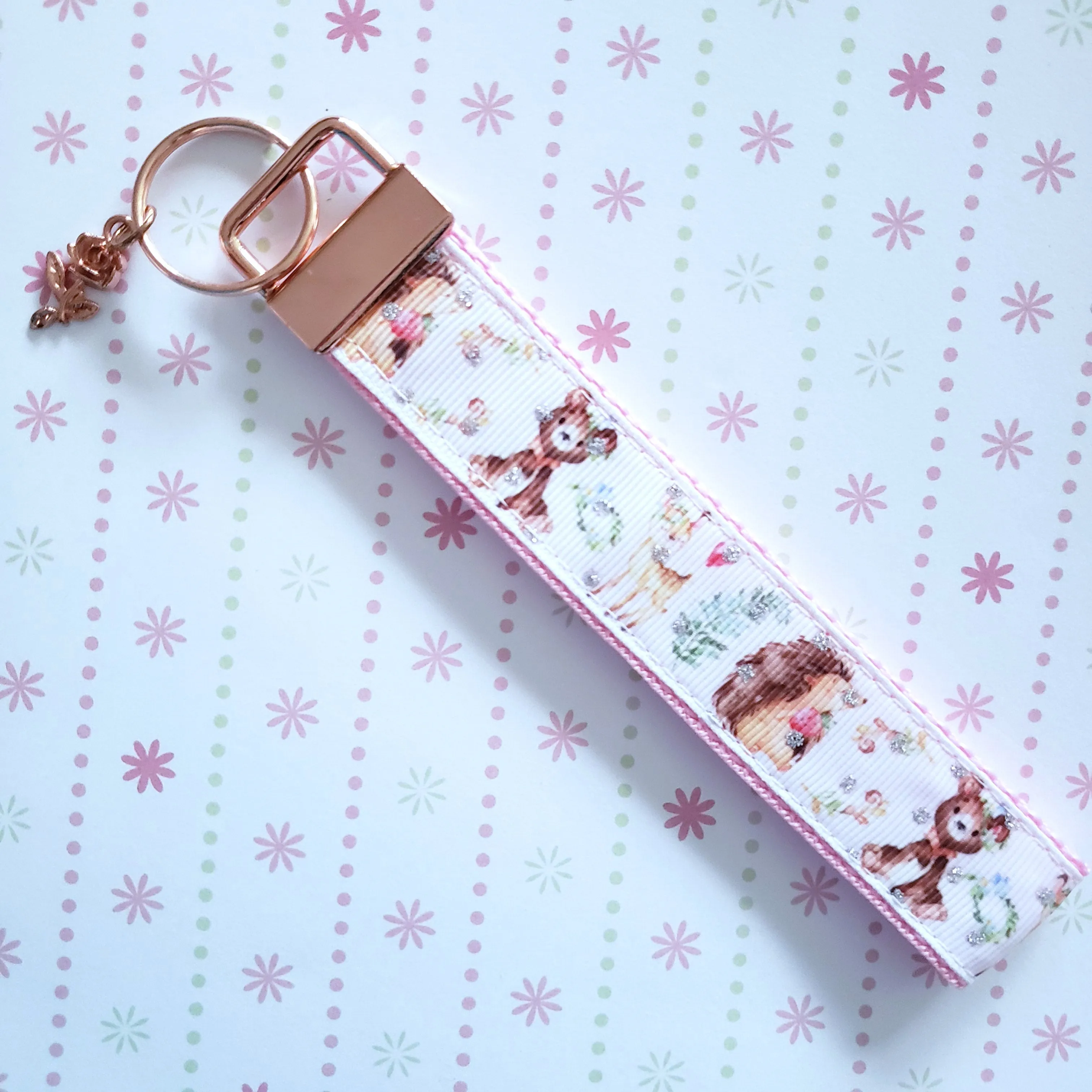 Forest Friends with Glitter Key Chain Fob featuring Hedgehogs Deer & Bear with cute charm