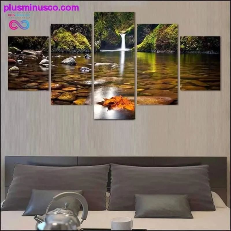 Framed 5 Pcs Landscape Painting: The Wall Waterfall Nature