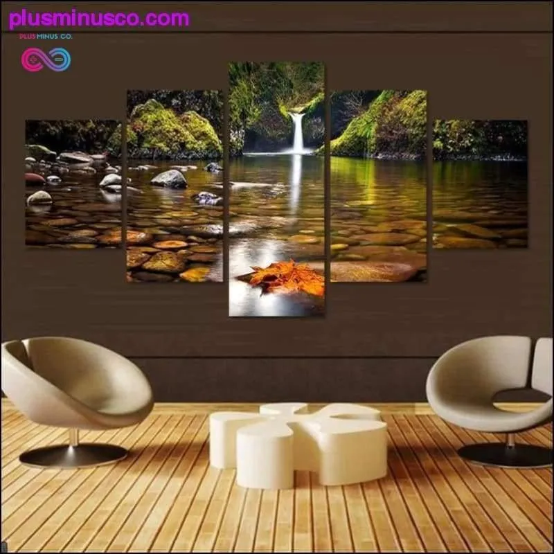 Framed 5 Pcs Landscape Painting: The Wall Waterfall Nature