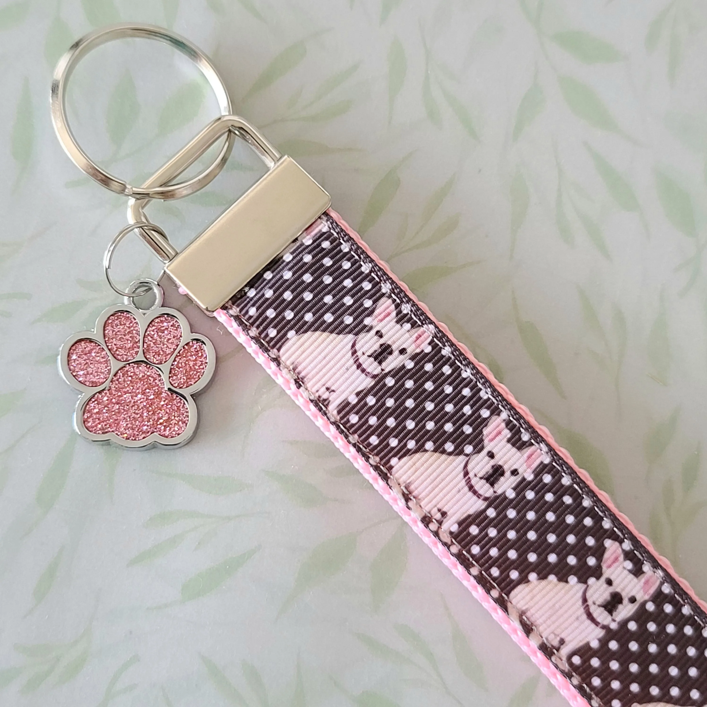 French Bulldog on Polka Dots Key Chain Fob with Enameled Paw Print charm