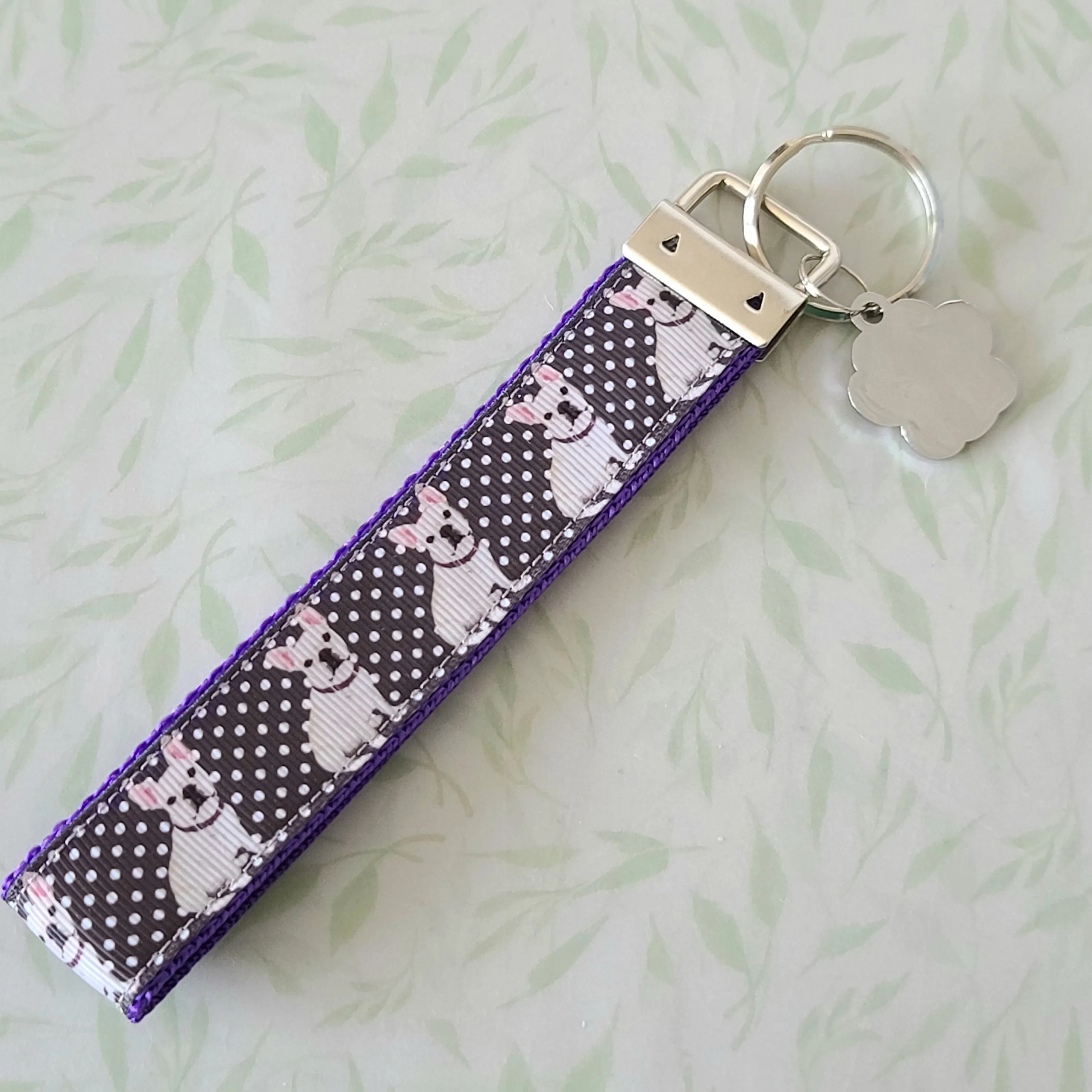 French Bulldog on Polka Dots Key Chain Fob with Enameled Paw Print charm
